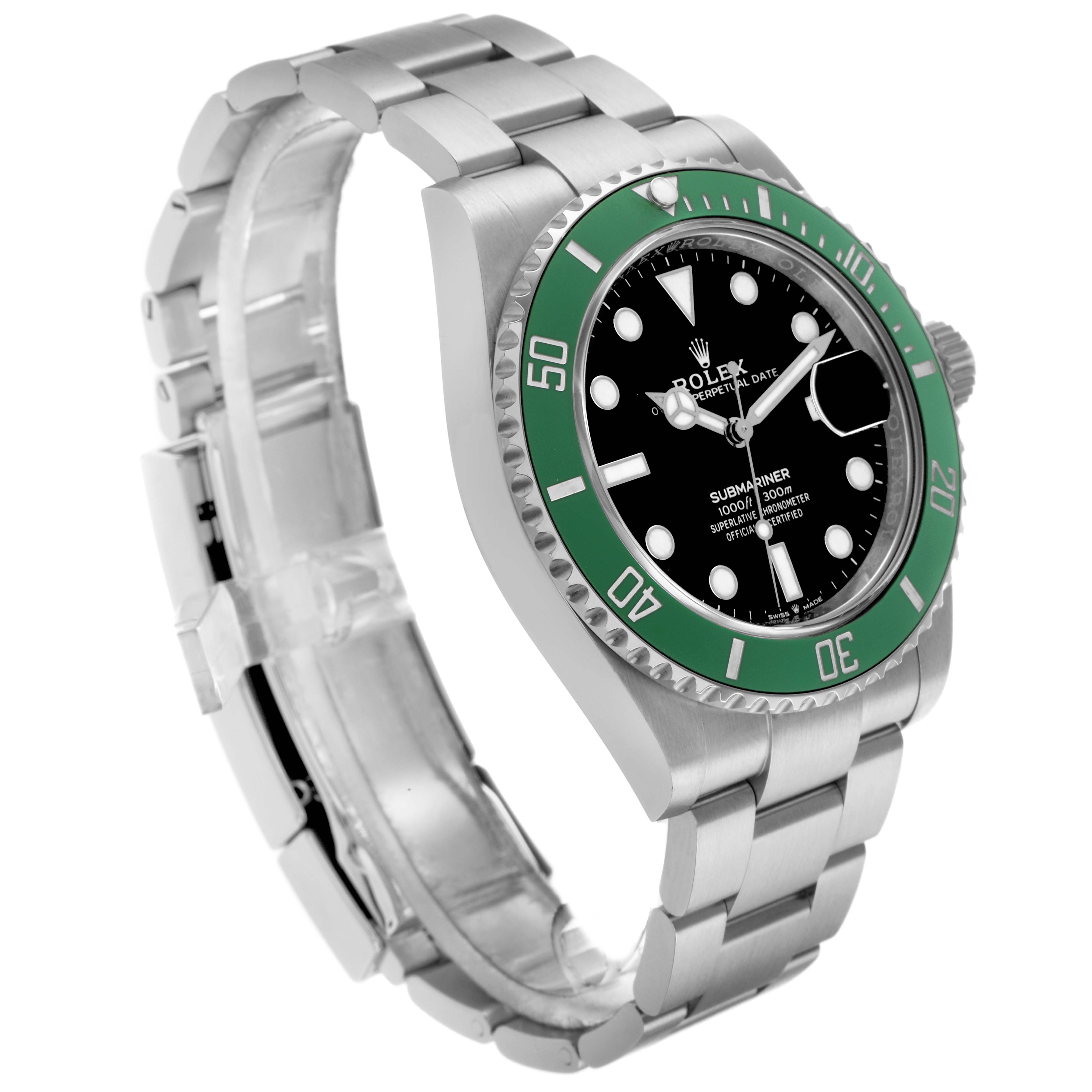 The Rolex Submariner 126610LV Men
s Stainless Steel Black Dial is shown at a three-quarter angle, highlighting the green bezel, black dial, and stainless steel bracelet.
