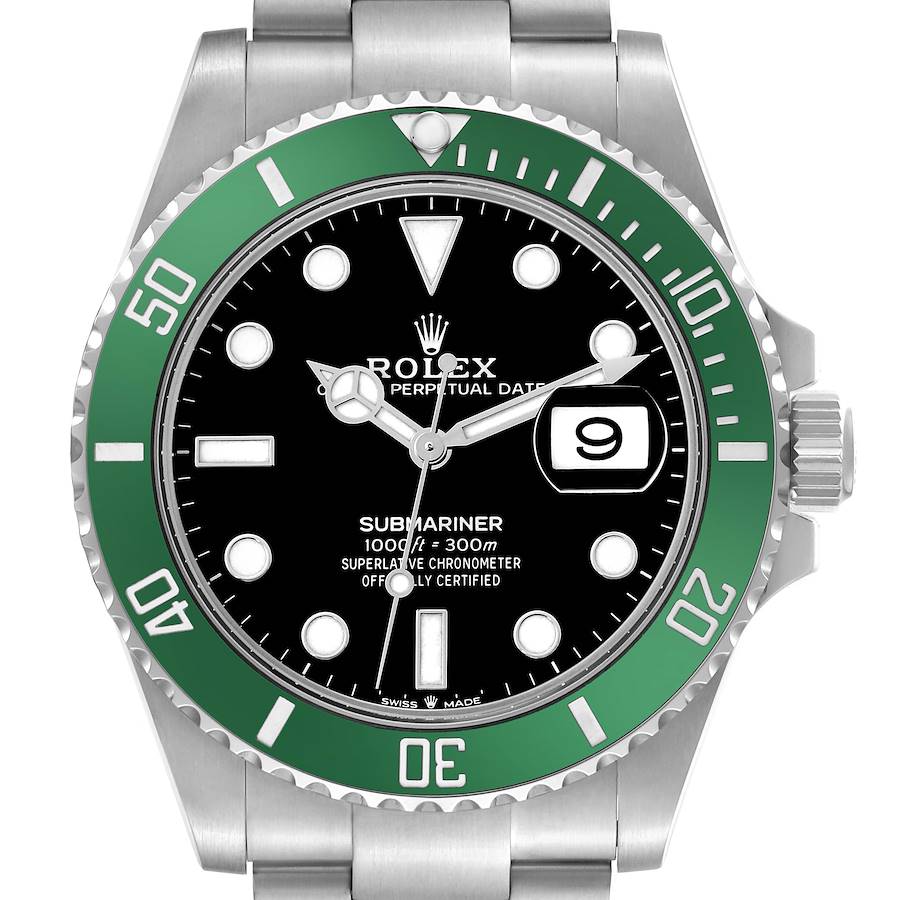 The Rolex Submariner 126610LV Men's Stainless Steel Black Dial watch is shown from a front angle, displaying the green bezel, black dial, and bracelet.