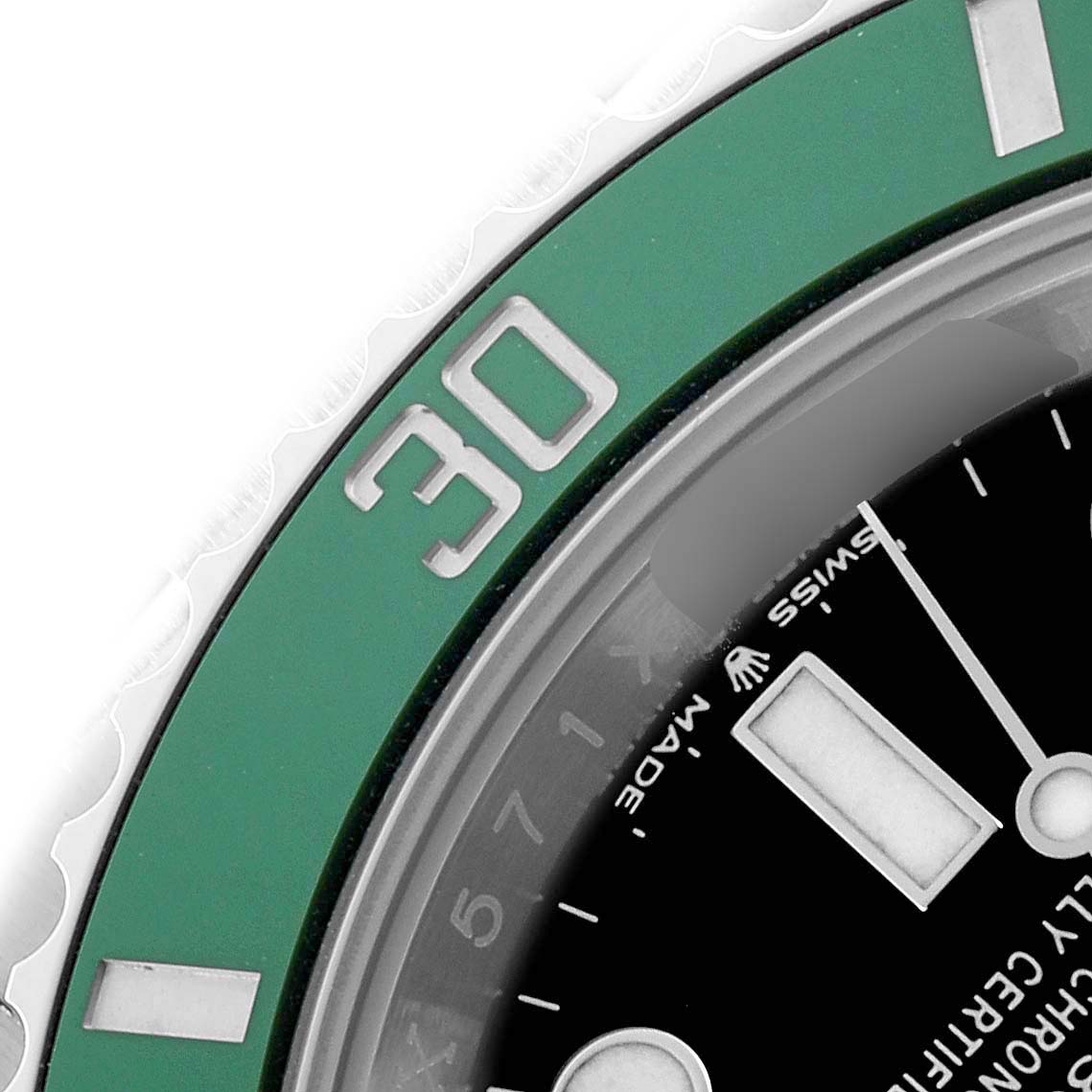 The image shows a close-up of the bezel and dial of a Rolex Submariner 126610LV Men
s Stainless Steel Black Dial, highlighting the green bezel and hour markers.