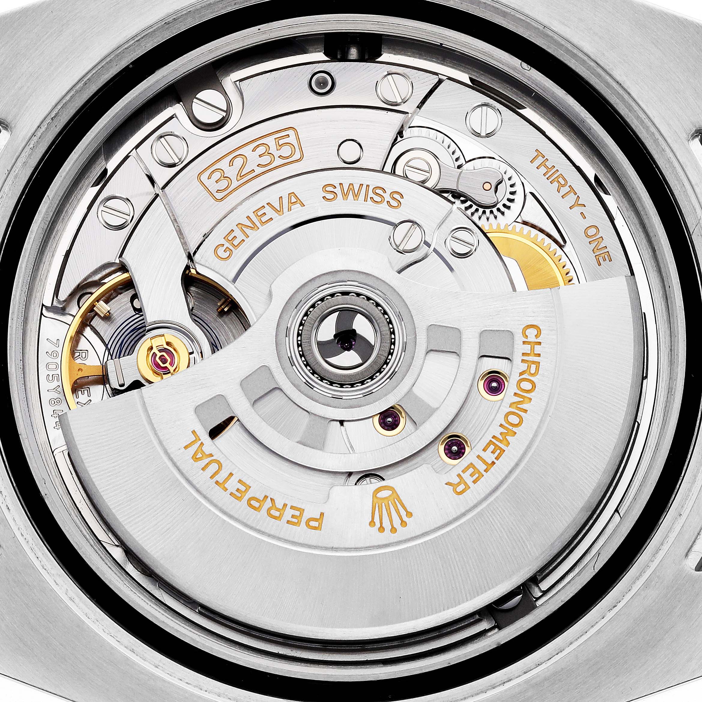 The image shows the back view of a Rolex Submariner 126610LV Men
s Stainless Steel Black Dial
s movement, highlighting intricate mechanical details.