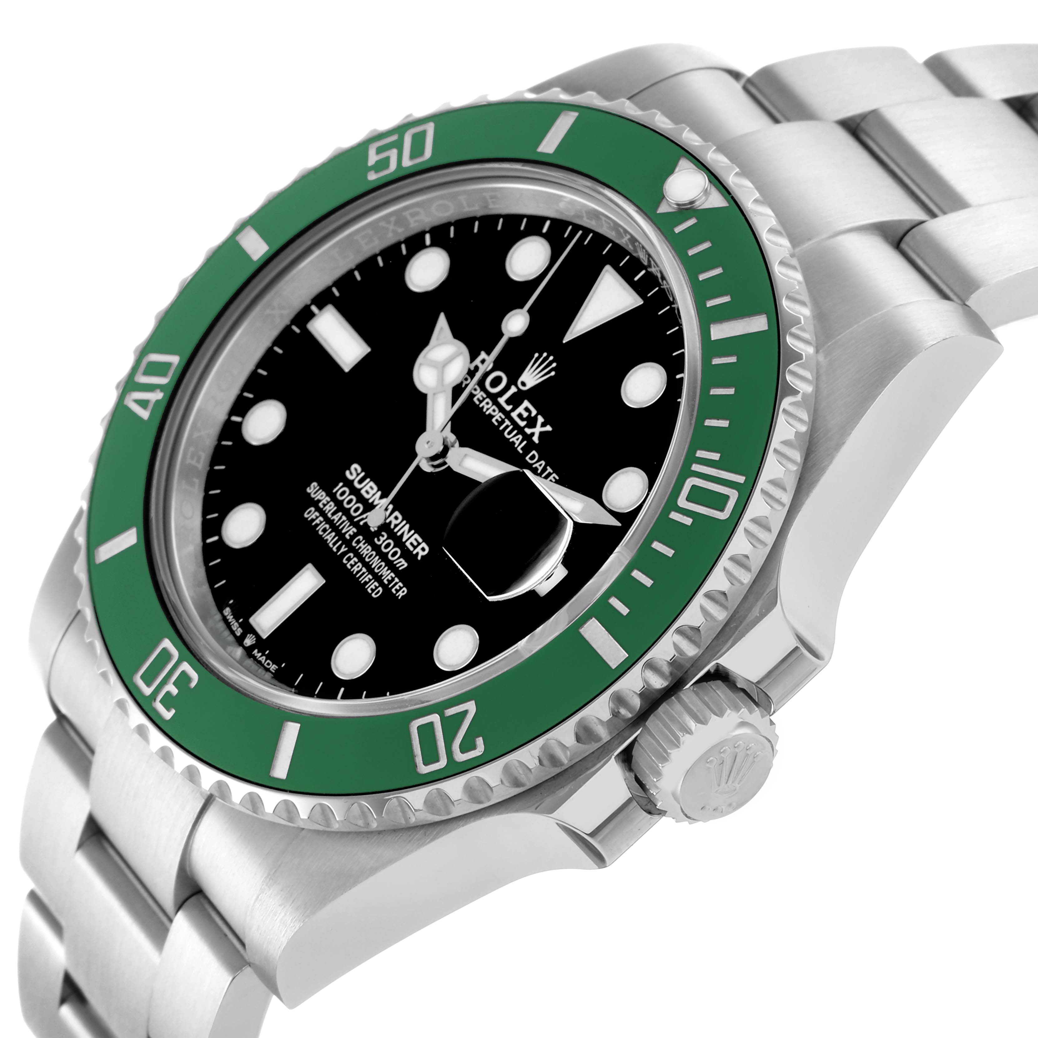 The image shows a Rolex Submariner 126610LV Men
s Stainless Steel Black Dial model angled to display the green bezel, dial, crown, and part of the bracelet.