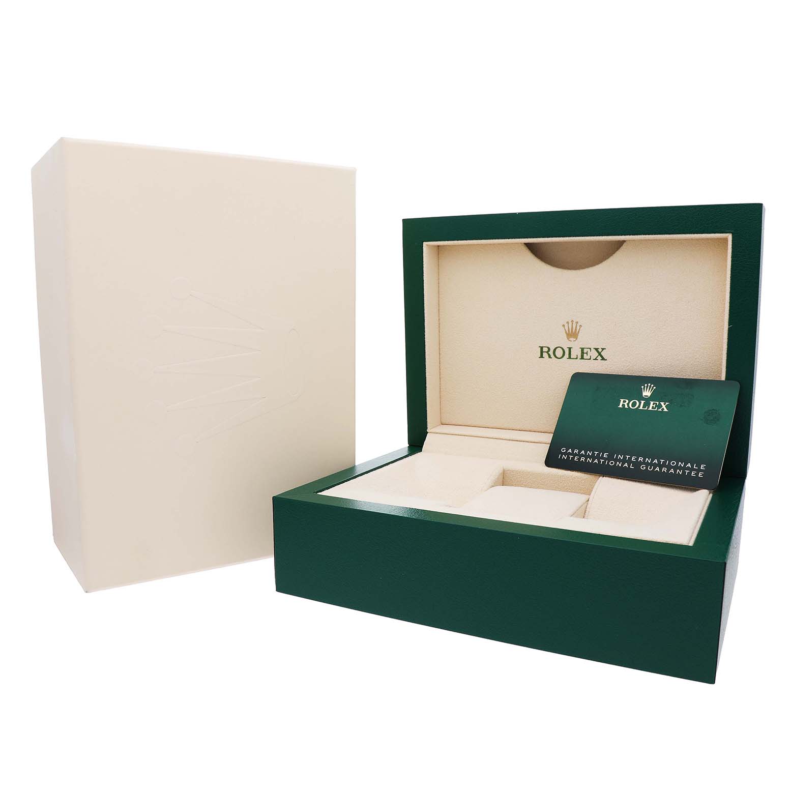 The image shows a Rolex Submariner 126610LV Men's Stainless Steel Black Dial watch box and a guarantee card from a side angle.
