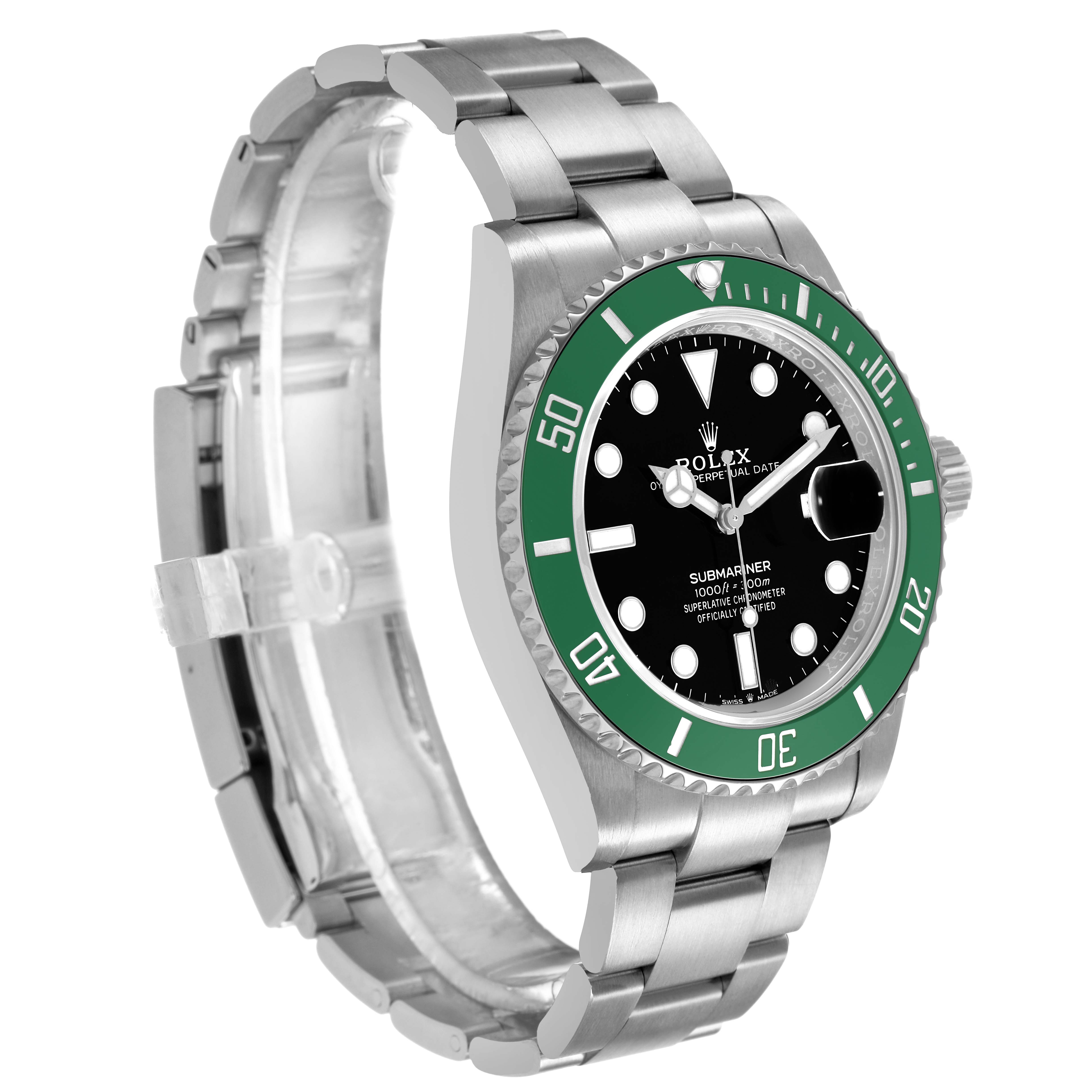 The Rolex Submariner 126610LV Men's Stainless Steel Black Dial watch is shown at a three-quarter angle, displaying the bezel, dial, and bracelet.