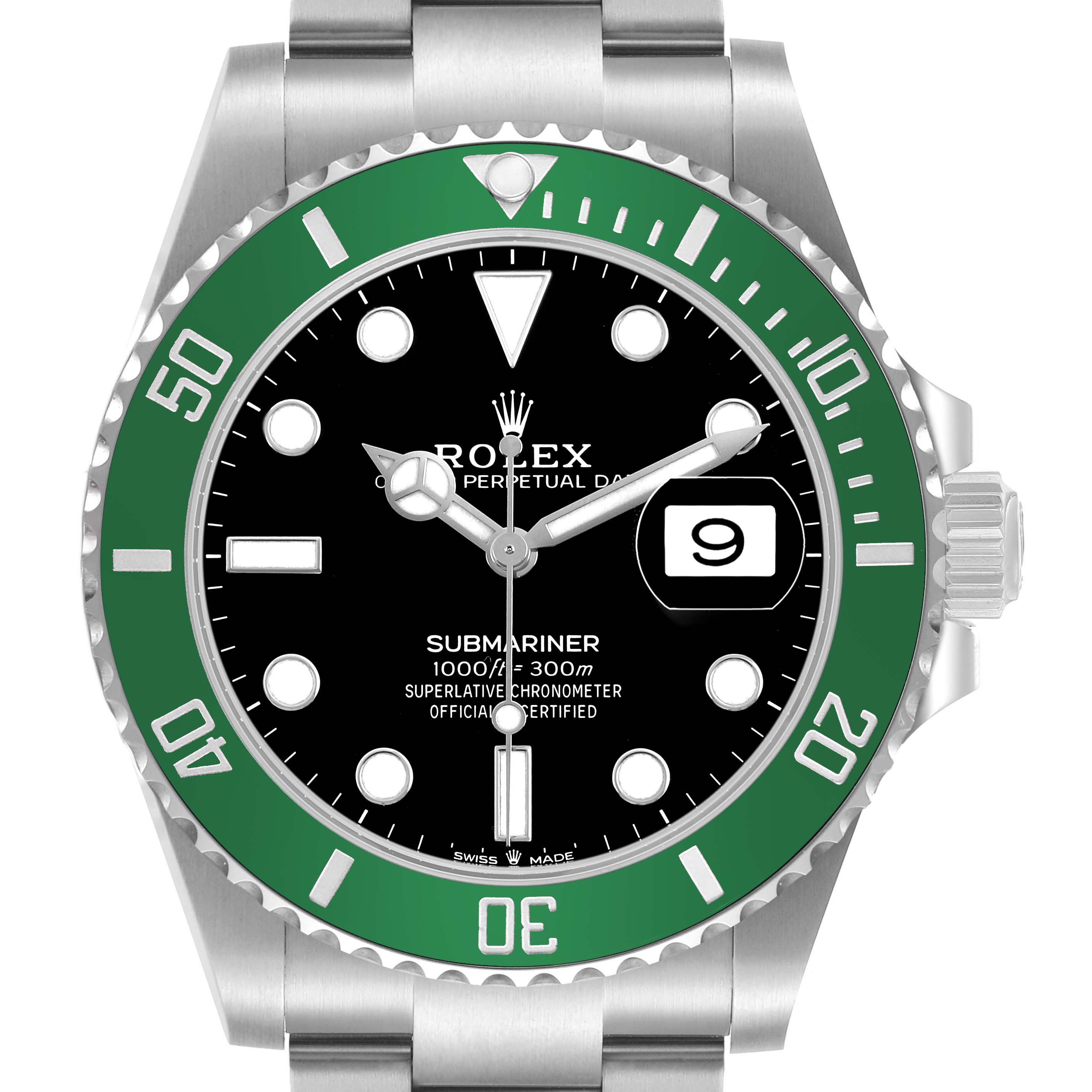 The Rolex Submariner 126610LV Men's Stainless Steel Black Dial watch is shown from the front, displaying the bezel, dial, and part of the bracelet.