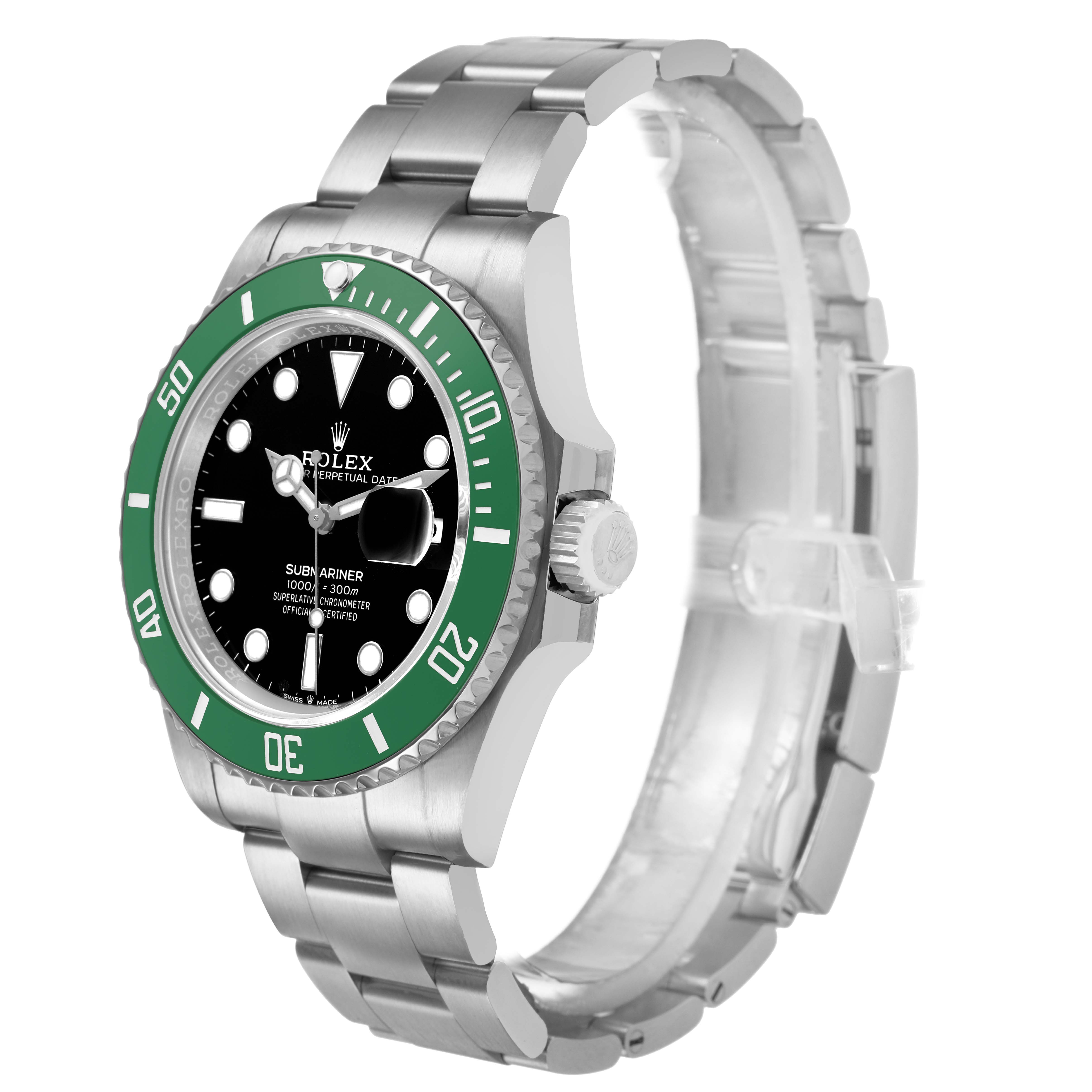The Rolex Submariner 126610LV Men's Stainless Steel Black Dial watch is shown at a three-quarter angle, featuring the face, bezel, crown, and bracelet.