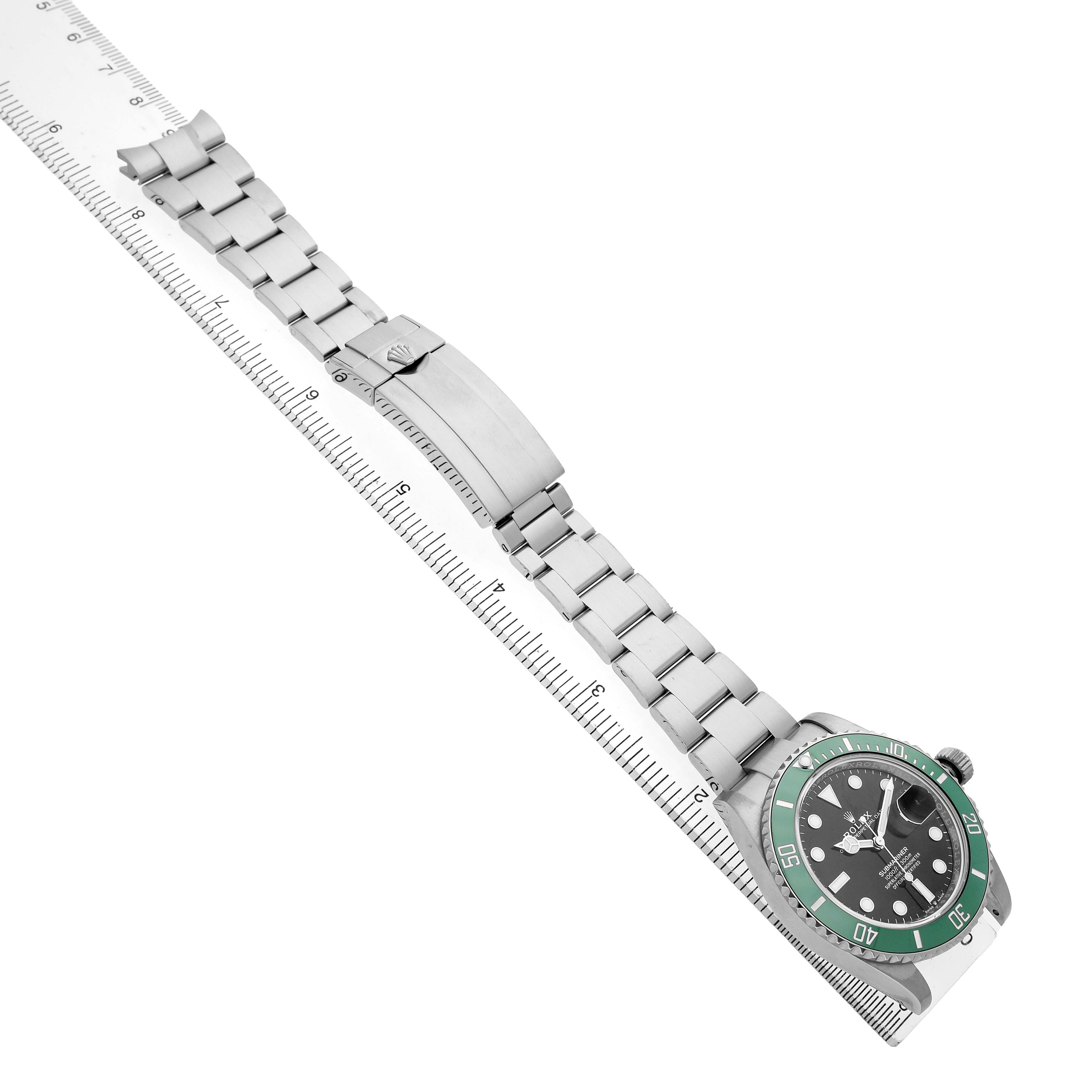 The Rolex Submariner 126610LV Men's Stainless Steel Black Dial watch is shown diagonally with a full view of the bracelet, clasp, and face.