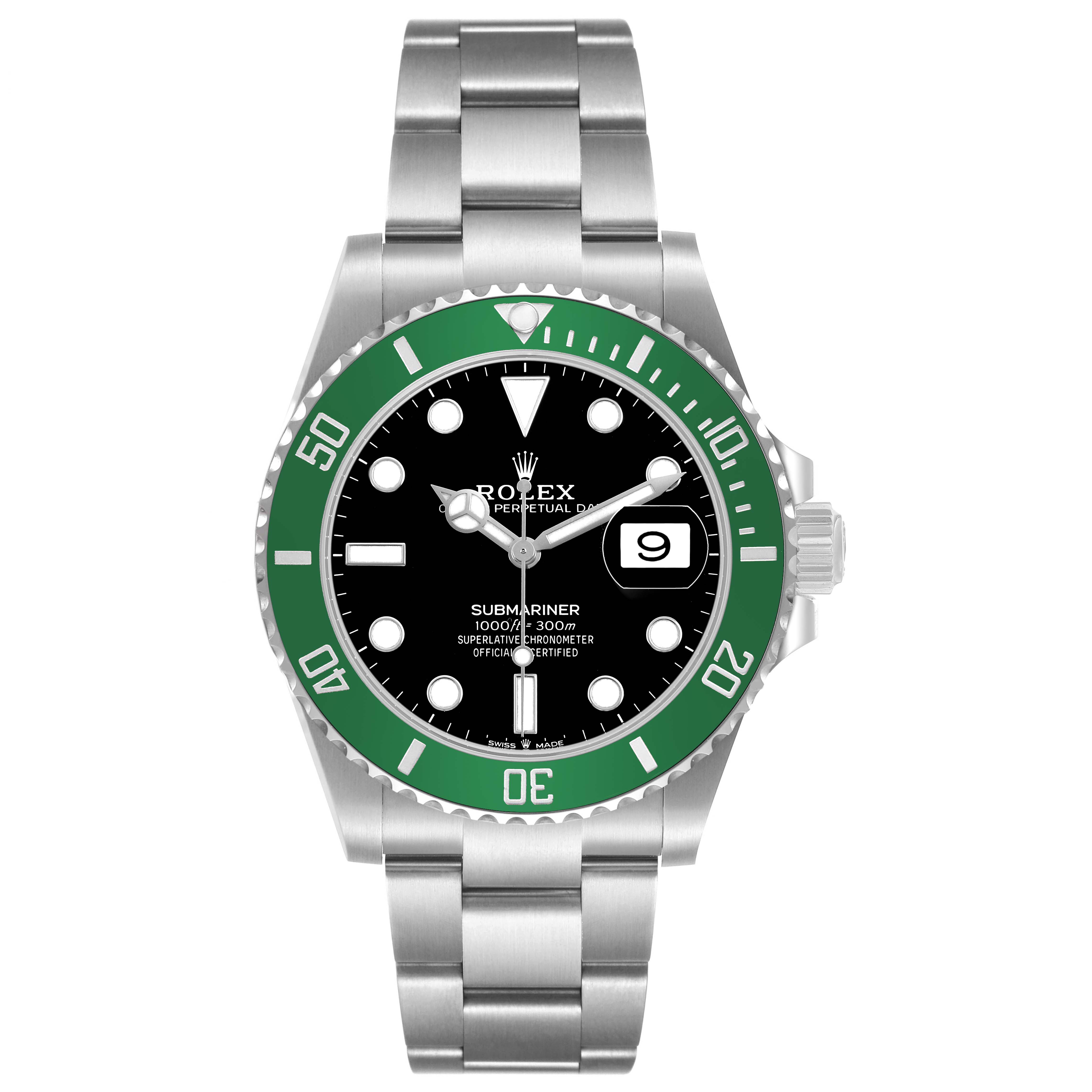 The Rolex Submariner 126610LV Men's Stainless Steel Black Dial is shown from a front angle, highlighting its green bezel, black dial, and stainless steel bracelet.
