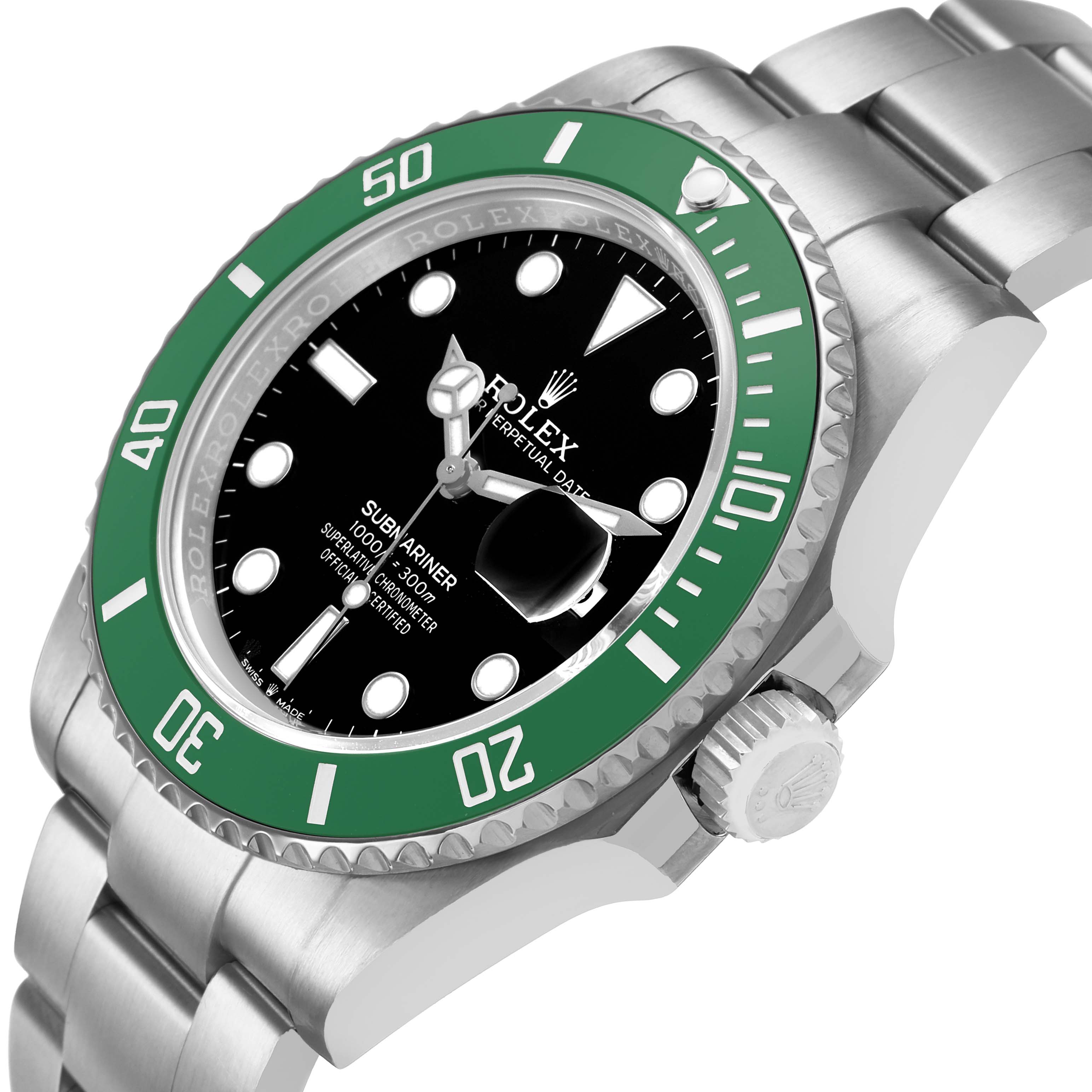 The image shows a Rolex Submariner 126610LV Men's Stainless Steel Black Dial watch at a slight angle, displaying the bezel, dial, crown, and bracelet.