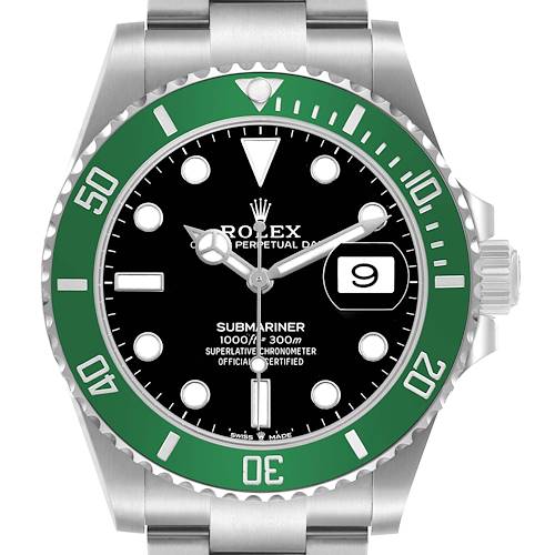The image shows a front view of a Rolex Submariner 126610LV Men's Stainless Steel Black Dial, highlighting the green bezel, black dial, and date window.