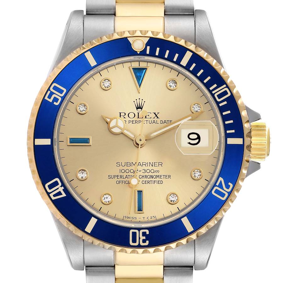The Rolex Submariner 16613 Men's Steel and Gold (two tone) Champagne Dial watch is shown from the front, displaying the face, bezel, crown, and part of the bracelet.