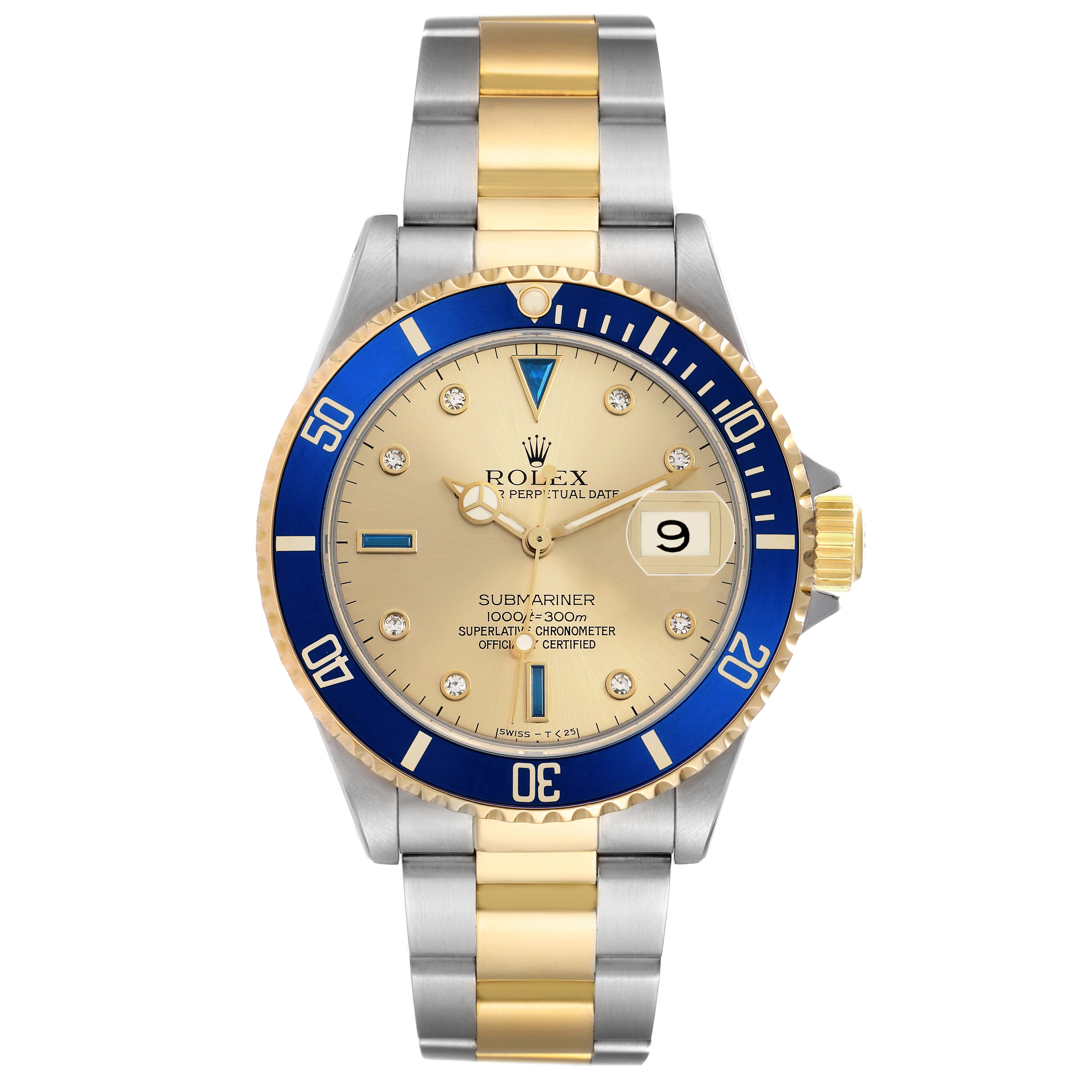The Rolex Submariner 16613 Men
s Steel and Gold (two tone) Champagne Dial watch is shown from a top view displaying its bezel, dial, hands, and the two-tone bracelet.