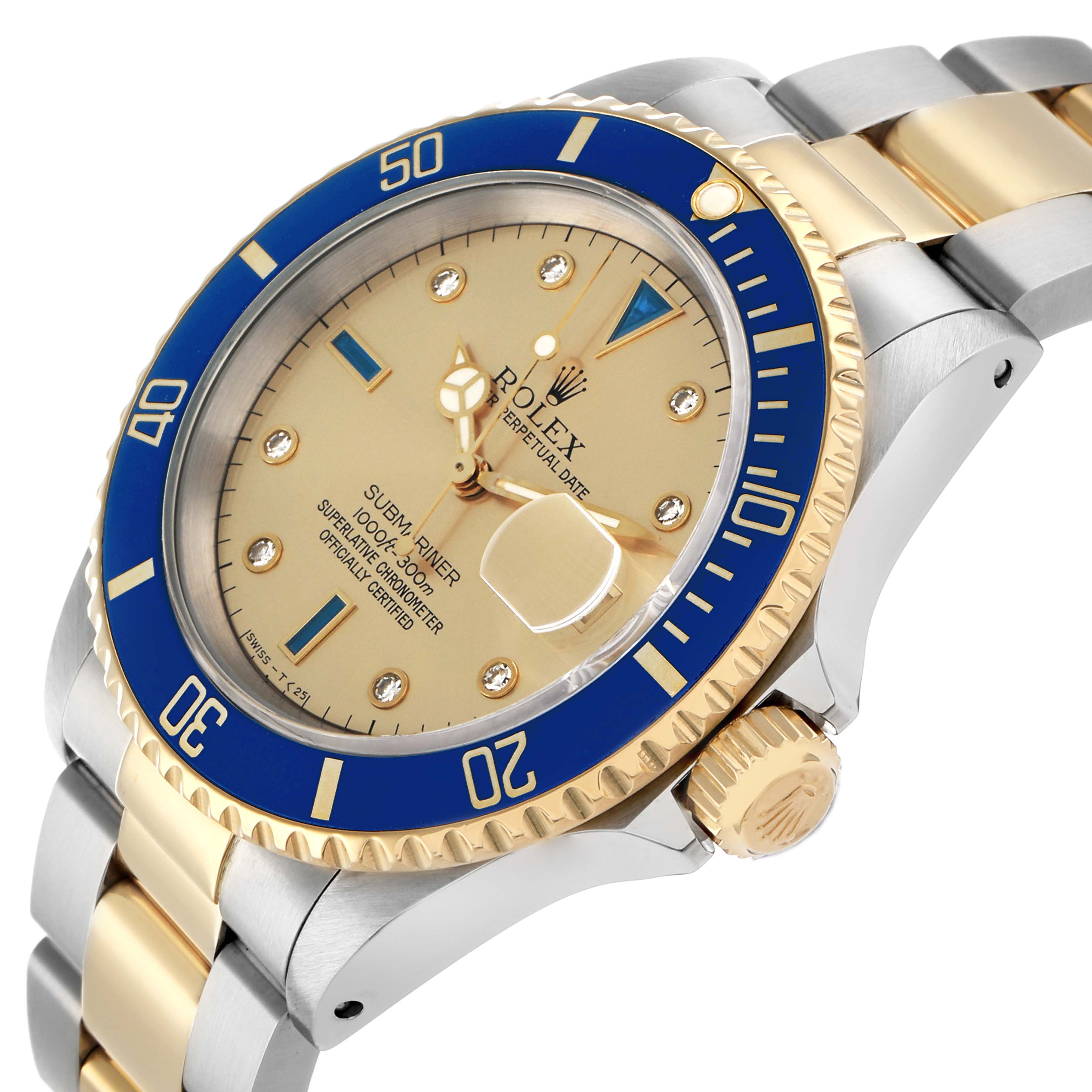 The Rolex Submariner 16613 Men
s Steel and Gold (two tone) Champagne Dial watch is shown at an angle highlighting the dial, bezel, crown, and part of the bracelet.