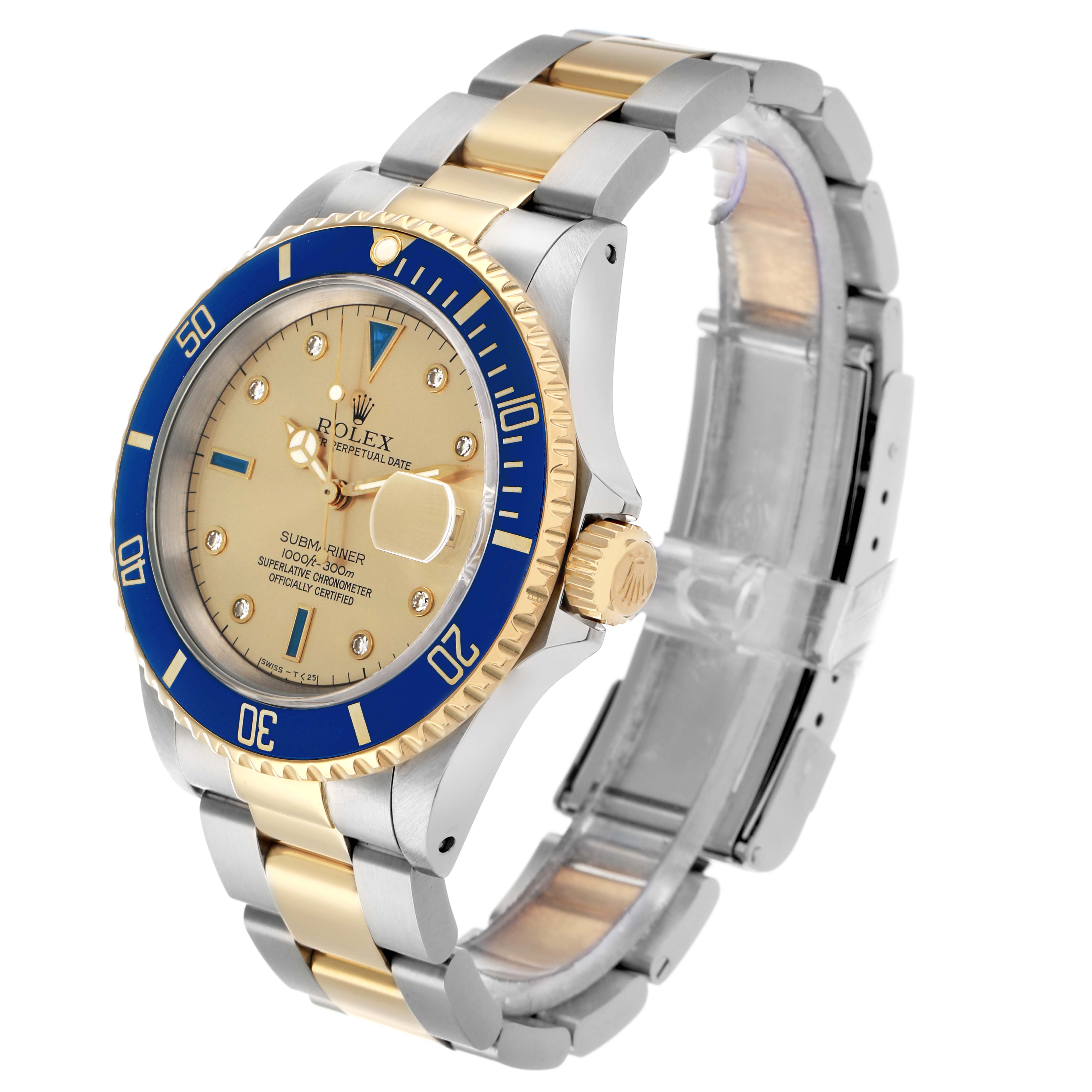 The Rolex Submariner 16613 Men
s Steel and Gold (two tone) Champagne Dial watch is shown at a three-quarter angle, highlighting its blue bezel, gold dial, and two-tone bracelet.