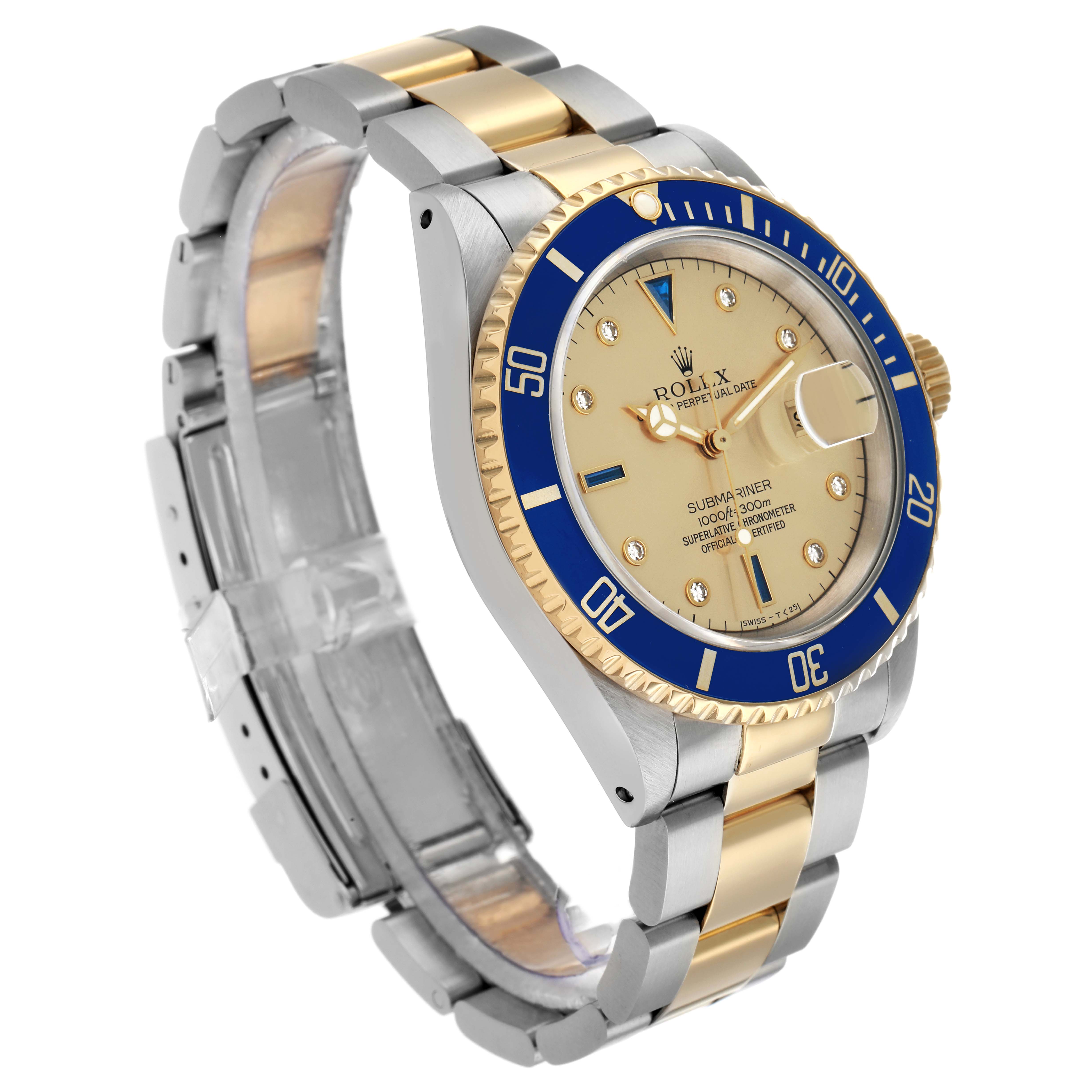 The Rolex Submariner 16613 Men
s Steel and Gold (two tone) Champagne Dial is shown at an angled side view, highlighting the bezel, dial, and two-tone bracelet.