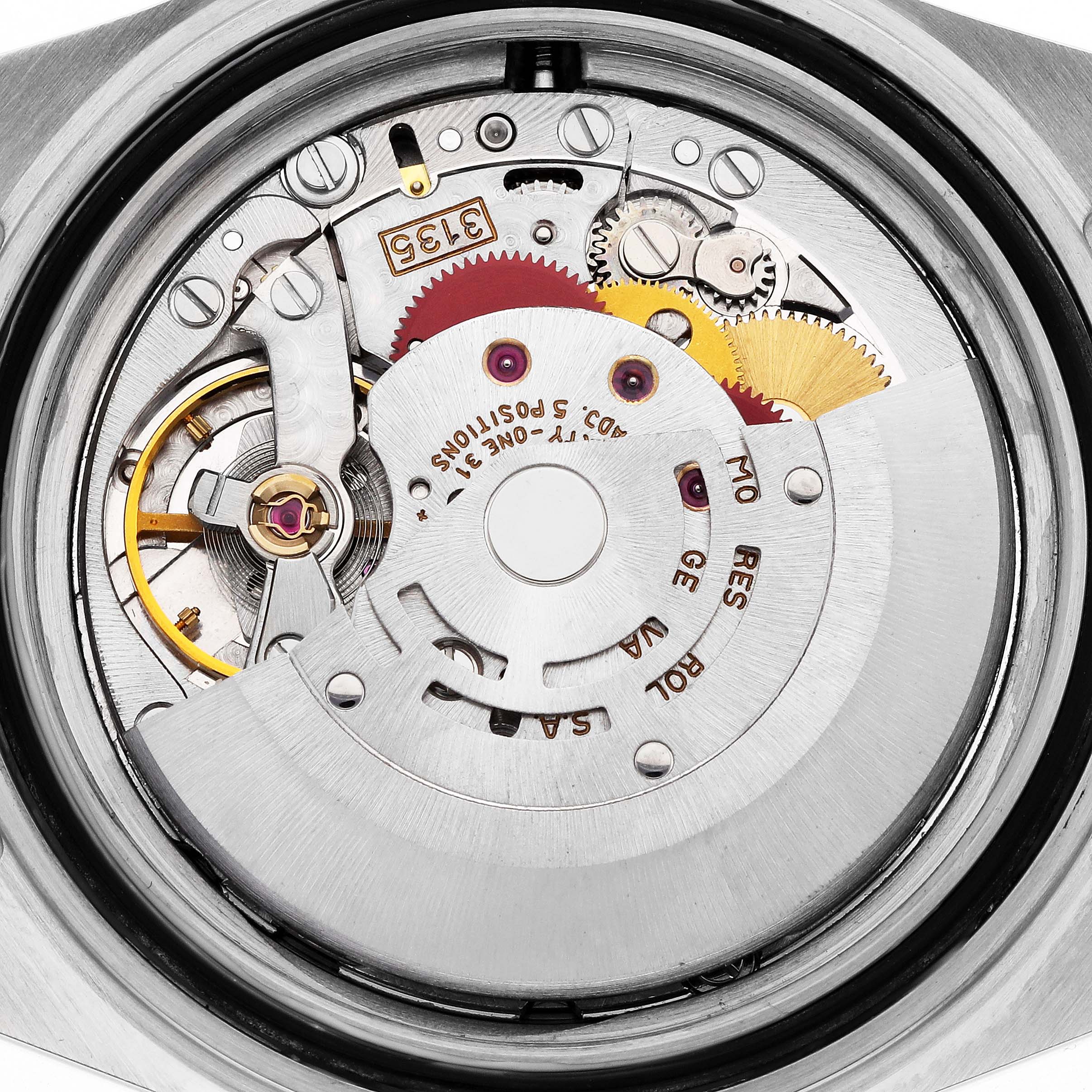 The image shows the movement of a Rolex Submariner 16613 Men
s Steel and Gold (two tone) Champagne Dial, illustrating gears and mechanical components from a rear angle.