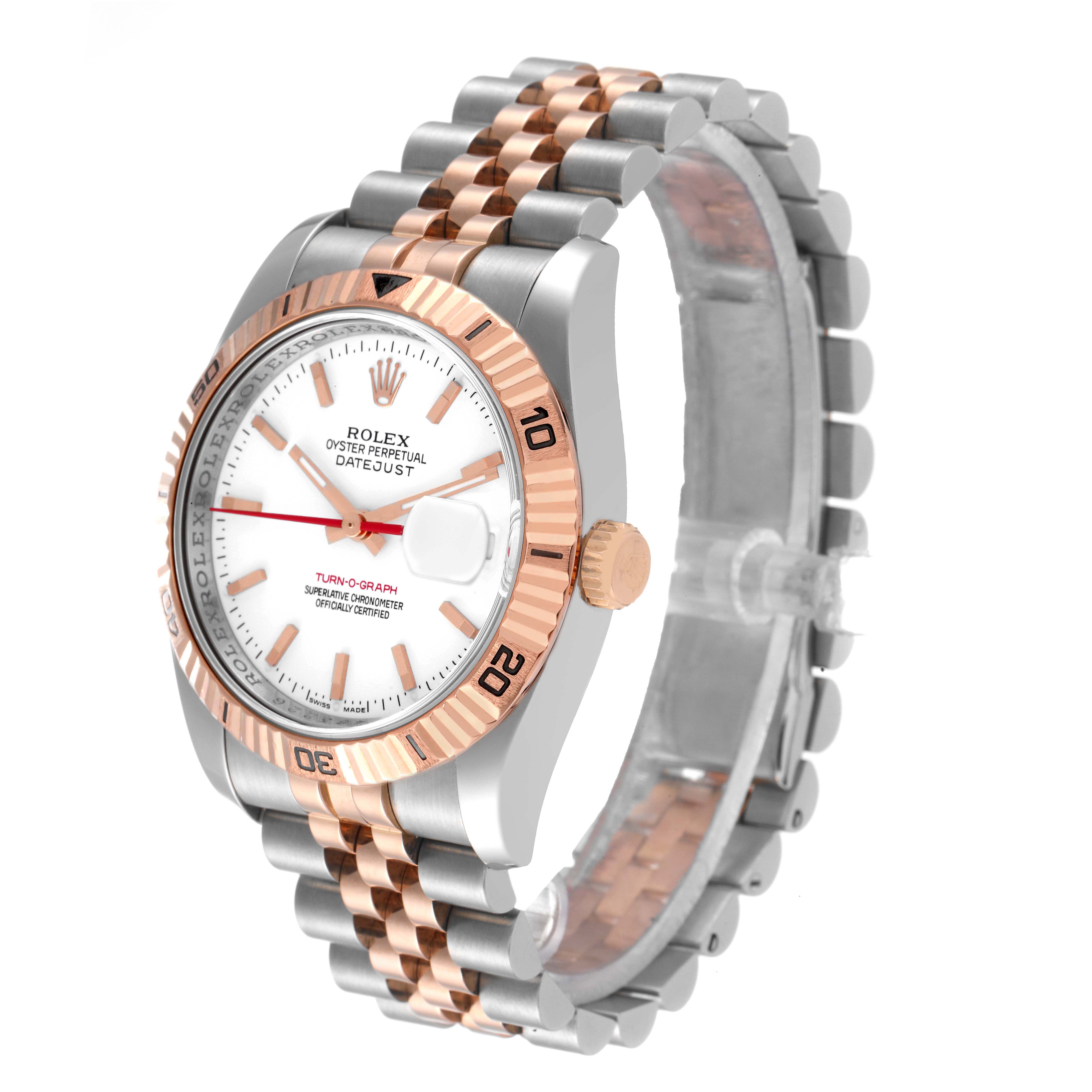 The image shows a Rolex Turn-o-Graph 116261 Men's Steel and Gold (two tone) White Dial 116261 Men's Steel and Gold (two tone) White Dial watch at a three-quarter angle, highlighting the bezel, crown, face, and two-tone bracelet.