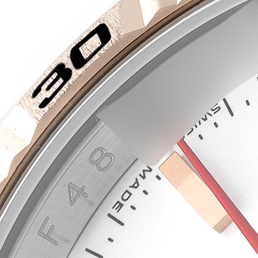 This close-up image reveals the bezel, partial dial, and markings of a Rolex Turn-o-Graph 116261 Men's Steel and Gold (two tone) White Dial 116261 Men's Steel and Gold (two tone) White Dial watch, showing the "30" on the bezel.