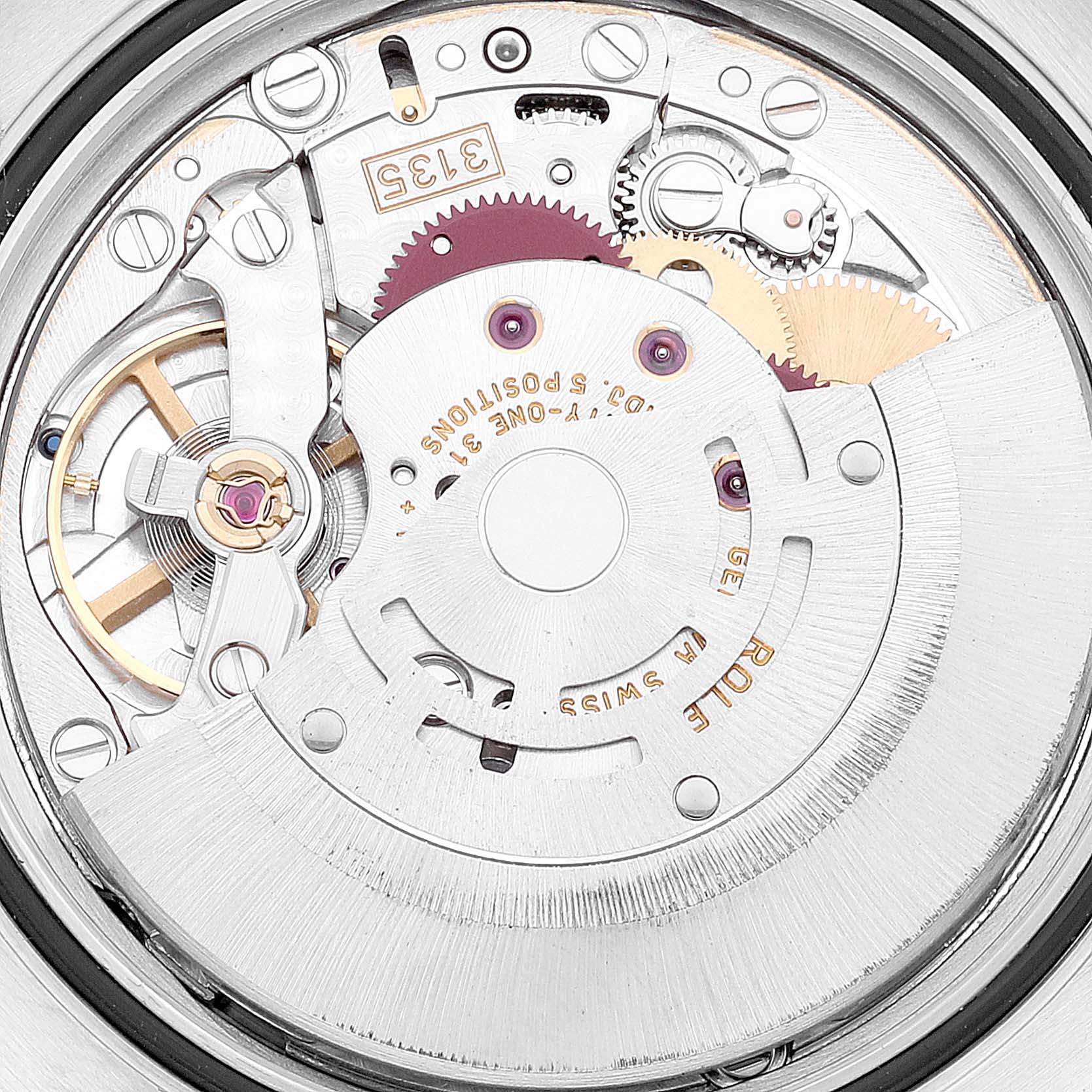 The image shows a close-up of the internal movement mechanism of a Rolex Turn-o-Graph 116261 Men's Steel and Gold (two tone) White Dial 116261 Men's Steel and Gold (two tone) White Dial watch.