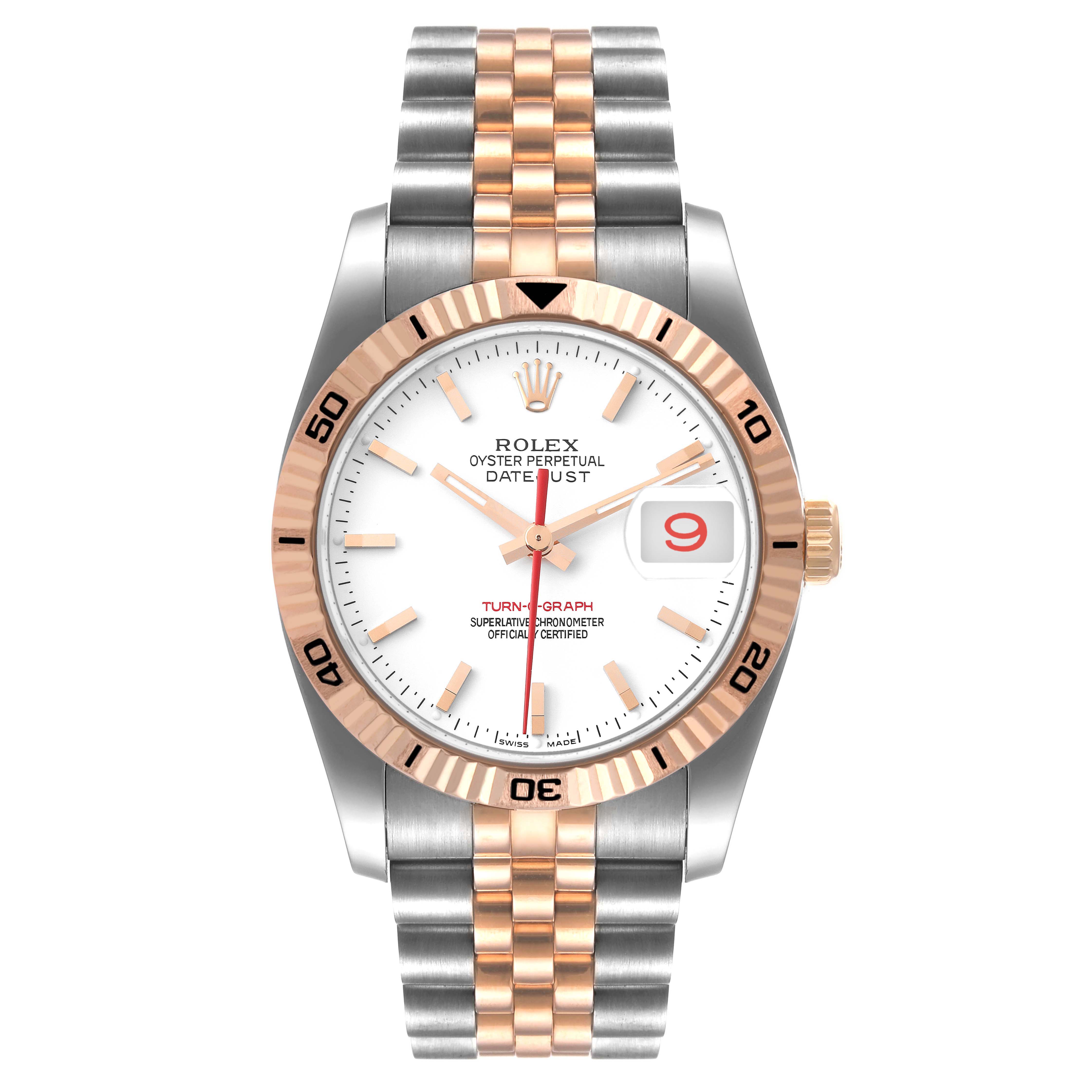 The Rolex Turn-o-Graph 116261 Men's Steel and Gold (two tone) White Dial 116261 Men's Steel and Gold (two tone) White Dial watch is shown from a front angle, displaying its face, bezel, and two-tone bracelet.