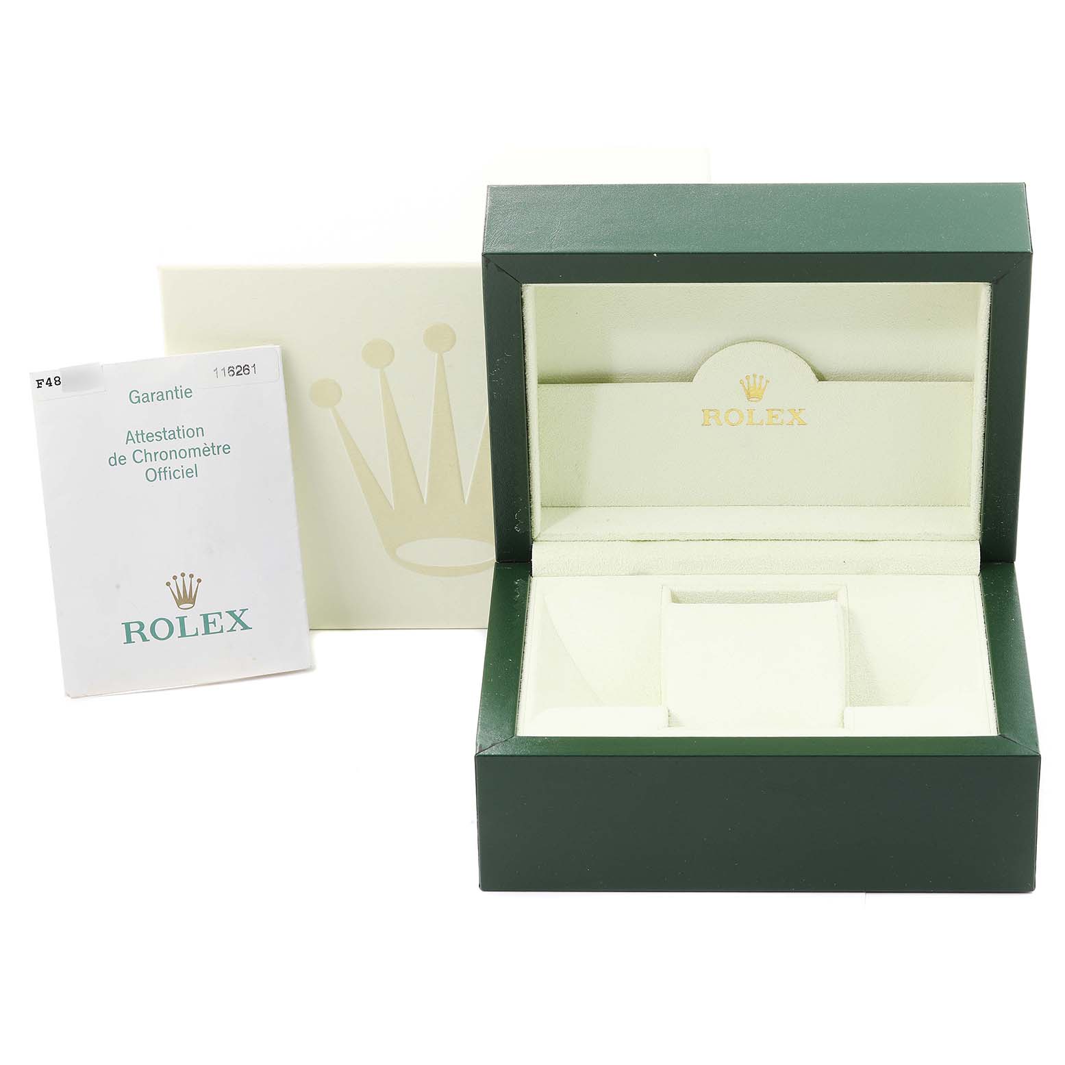 This image shows the open packaging and documentation for a Rolex Turn-o-Graph 116261 Men's Steel and Gold (two tone) White Dial 116261 Men's Steel and Gold (two tone) White Dial watch.