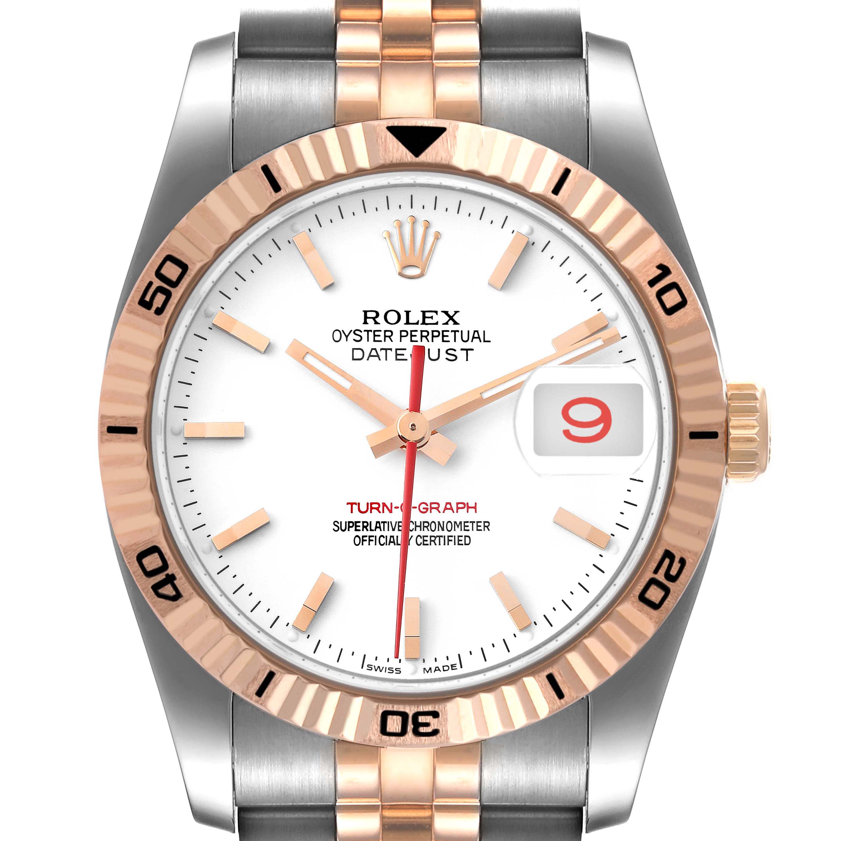 The image shows a frontal view of a Rolex Turn-o-Graph 116261 Men's Steel and Gold (two tone) White Dial 116261 Men's Steel and Gold (two tone) White Dial watch, highlighting its face, bezel, hands, and bracelet.