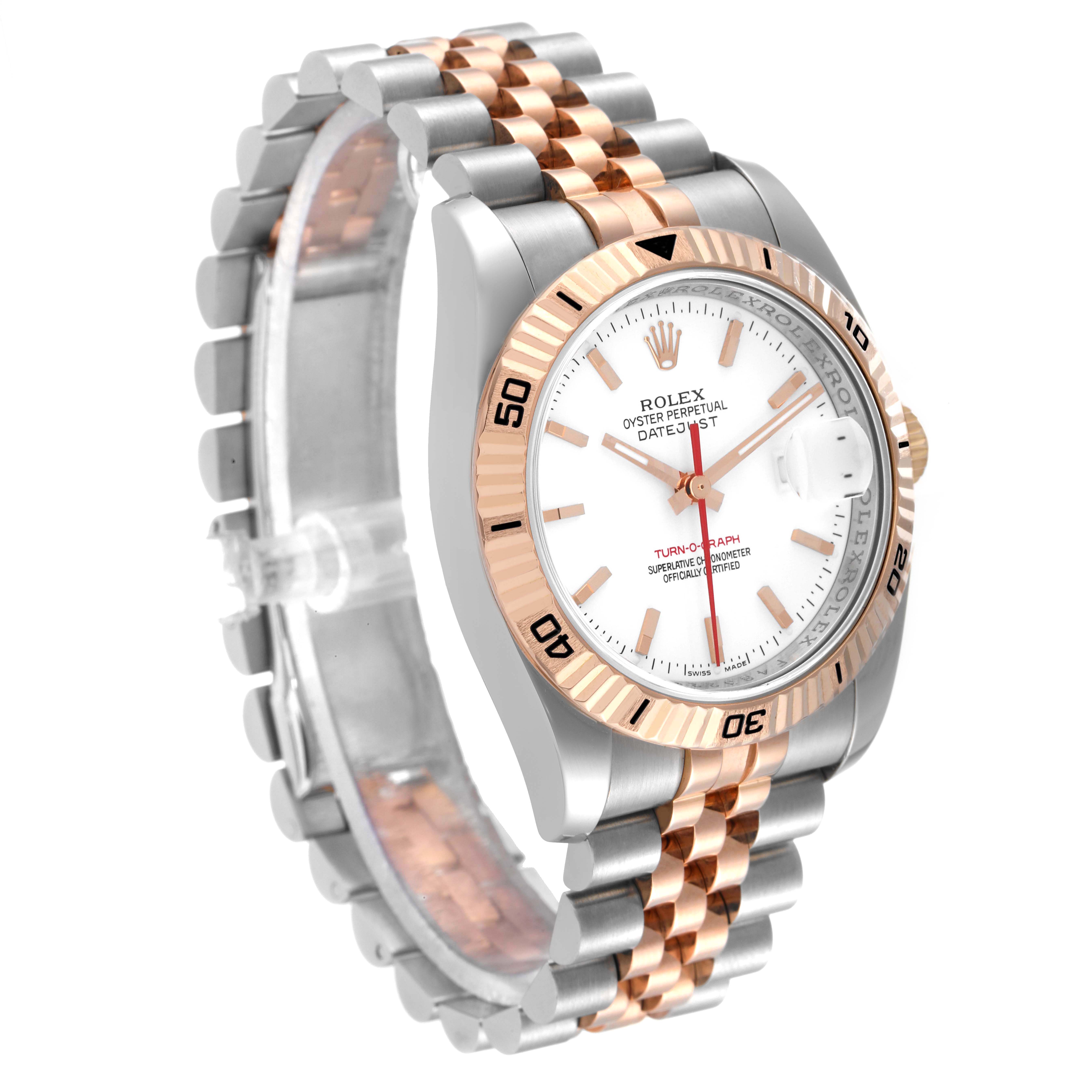 The Rolex Turn-o-Graph 116261 Men's Steel and Gold (two tone) White Dial 116261 Men's Steel and Gold (two tone) White Dial watch is shown at an angle slightly above and to the front, displaying the face, bezel, and bracelet.