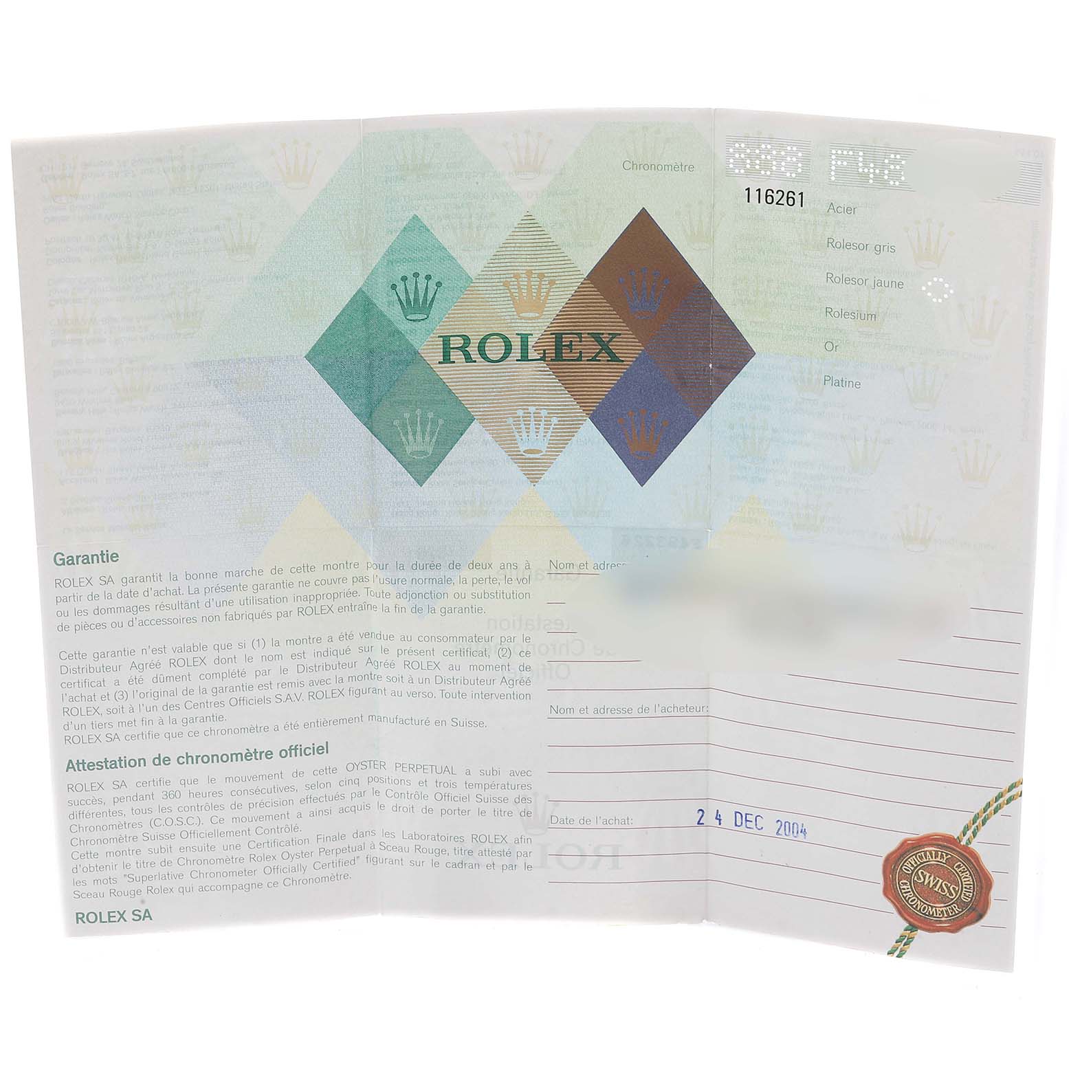 The image shows the warranty card and certificate for the Turn-o-Graph model by Rolex.