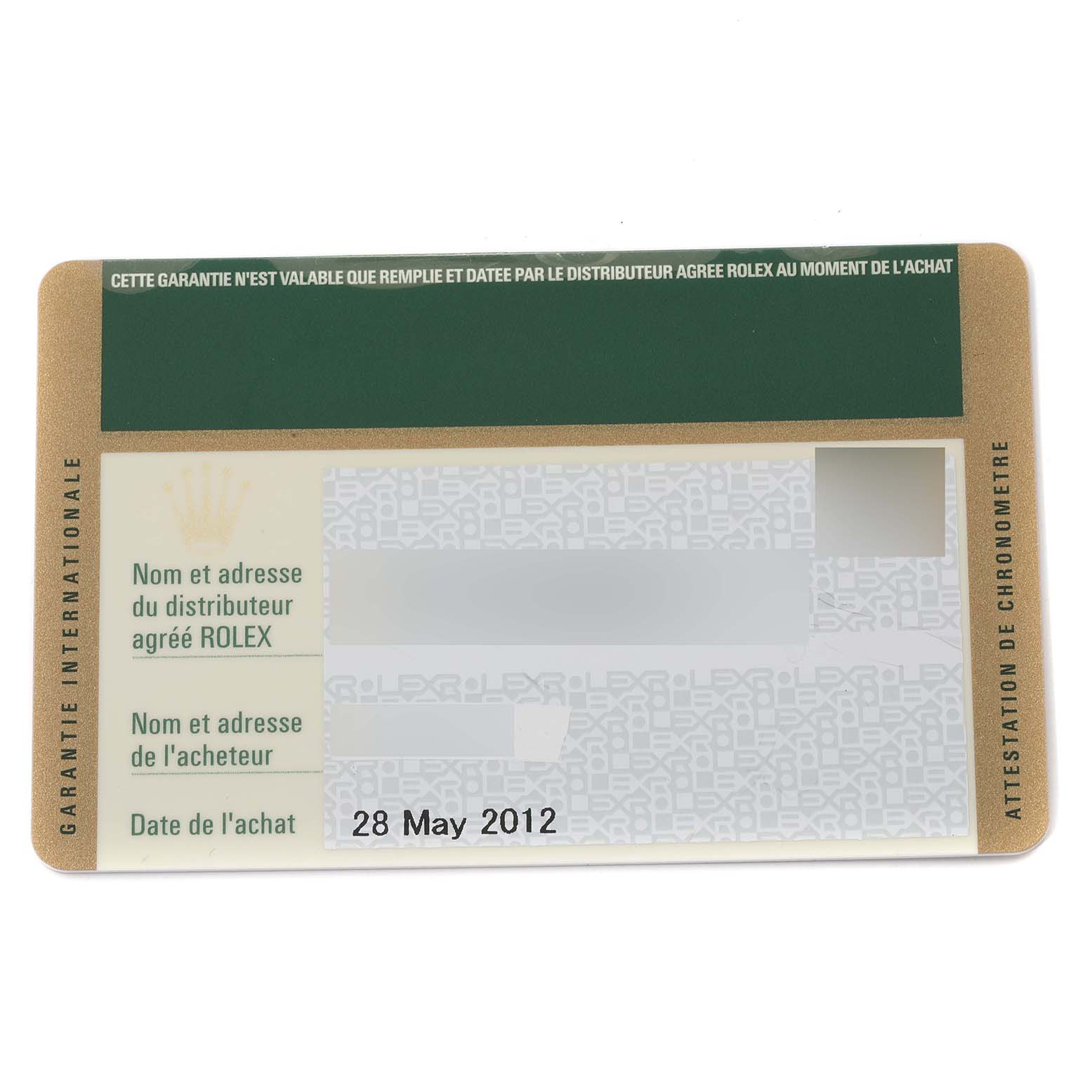 This is a warranty card for the Turn-o-Graph model by Rolex, shown from a top-down view.