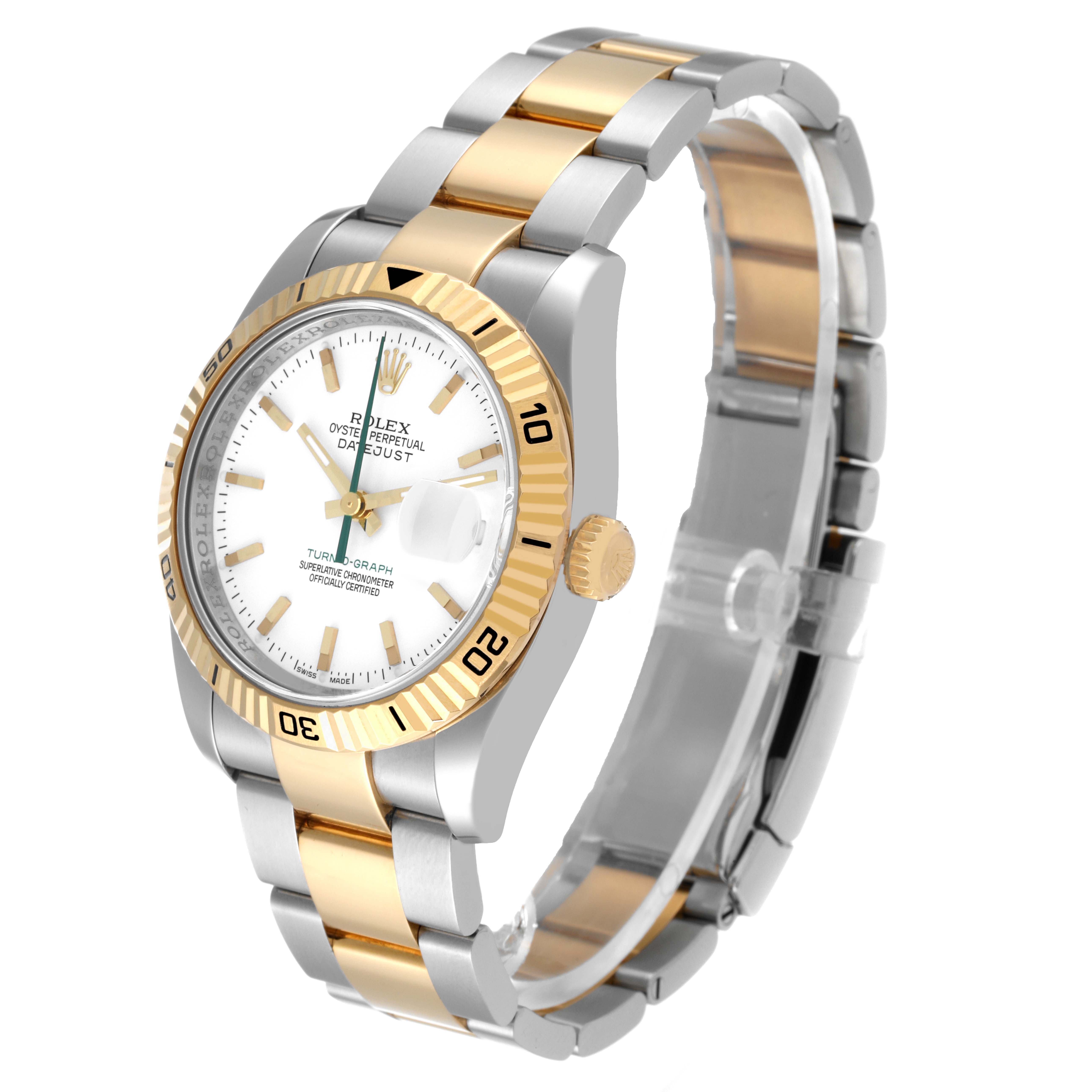 This image shows a Rolex Turn-o-Graph 116263 Men
s Steel and Gold (two tone) White Dial 116263 Men
s Steel and Gold (two tone) White Dial watch at a 3/4 angle, highlighting its gold bezel, crown, and two-tone bracelet.