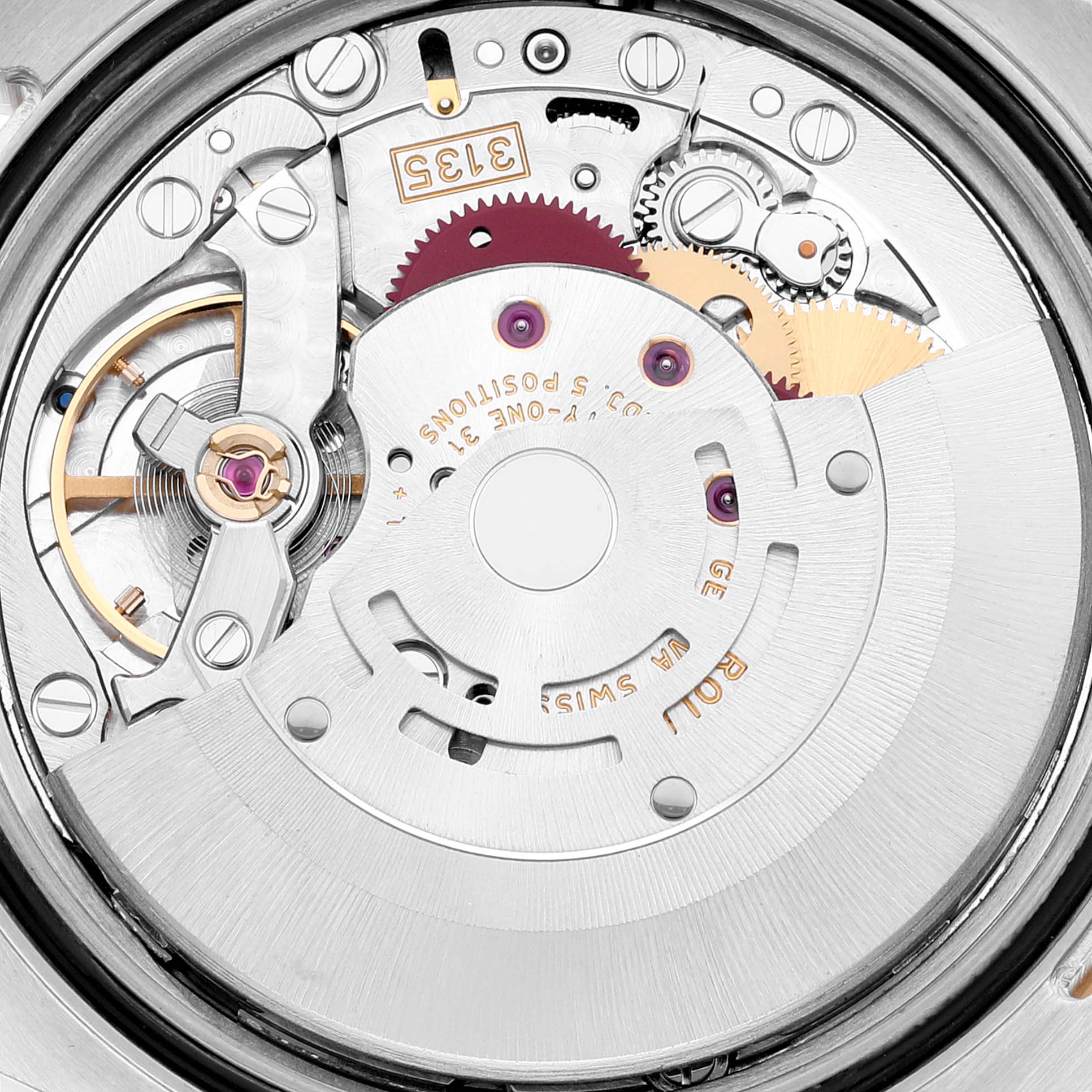 This is an inside view of the Rolex Turn-o-Graph 116263 Men
s Steel and Gold (two tone) White Dial 116263 Men
s Steel and Gold (two tone) White Dial model, showcasing its intricate movement and gears.
