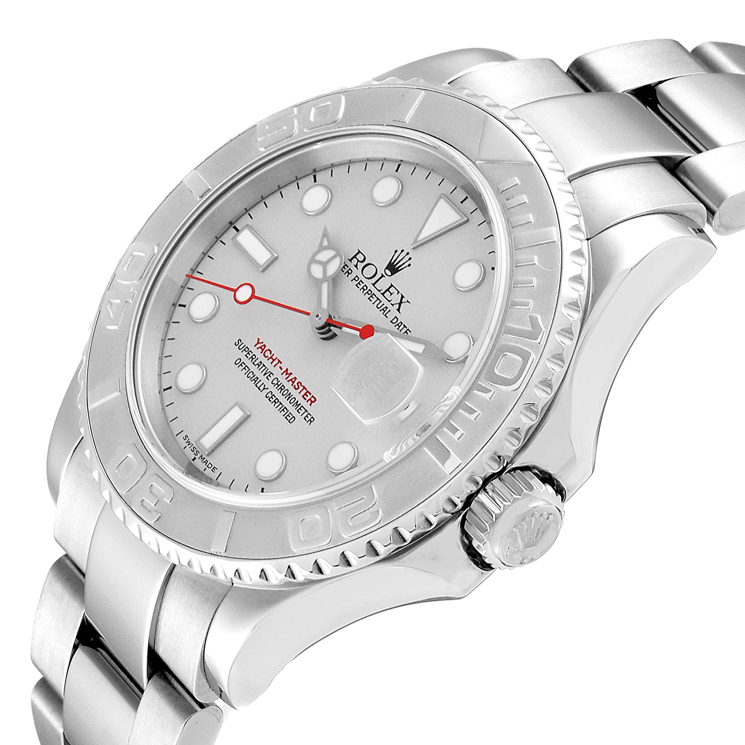The image shows a Rolex Yacht-Master 16622 Men's Platinum Silver Dial 16622 Men's Platinum Silver Dial watch at an angled side view, highlighting the bezel, crown, dial, and part of the bracelet.