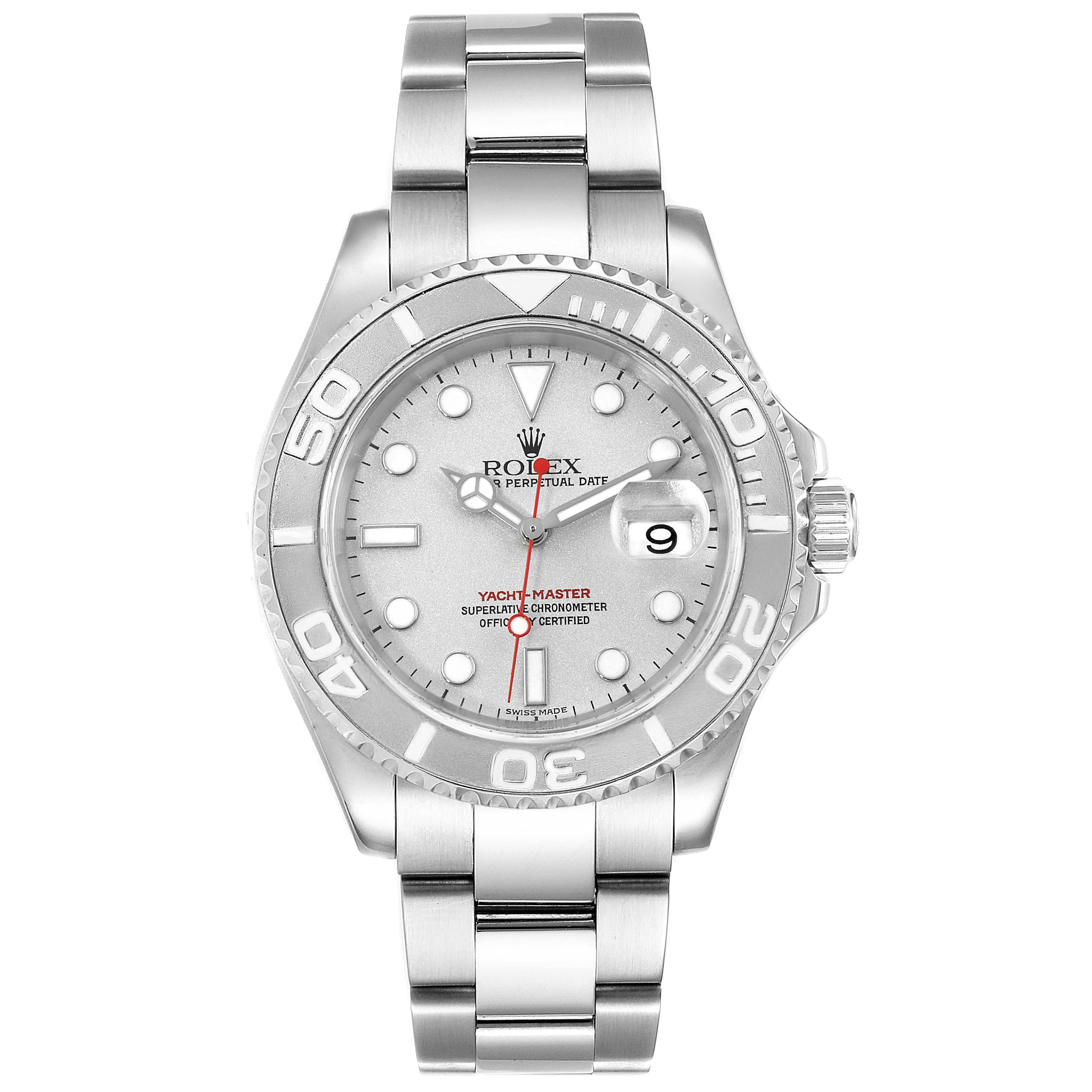The Rolex Yacht-Master 16622 Men's Platinum Silver Dial 16622 Men's Platinum Silver Dial watch is shown from a front angle, displaying its dial, bezel, bracelet, crown, and date window.