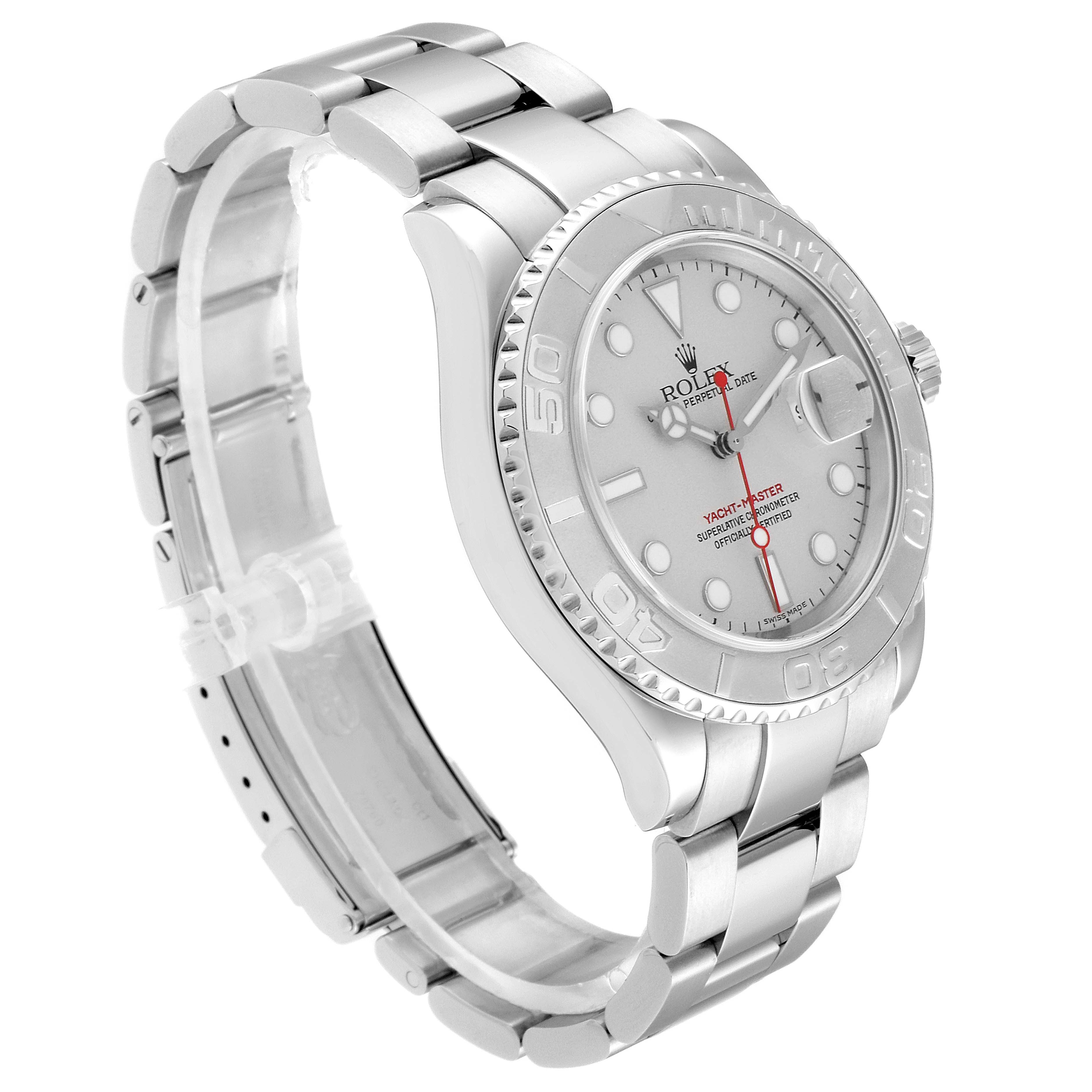 Side-angle view of a Rolex Yacht-Master 16622 Men's Platinum Silver Dial 16622 Men's Platinum Silver Dial, showing the watch face, bezel, crown, and part of the bracelet.