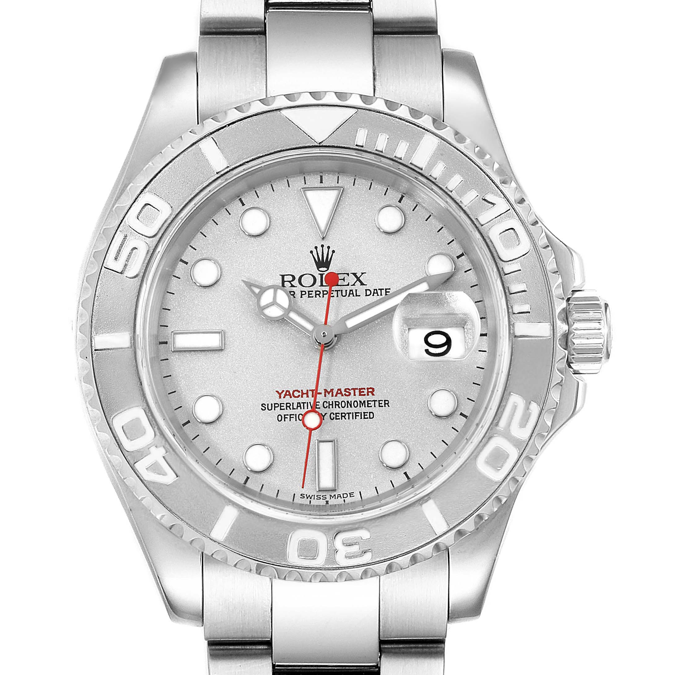 The image shows a front view of the Rolex Yacht-Master 16622 Men's Platinum Silver Dial 16622 Men's Platinum Silver Dial watch, featuring its face, numbers, bezel, and bracelet.