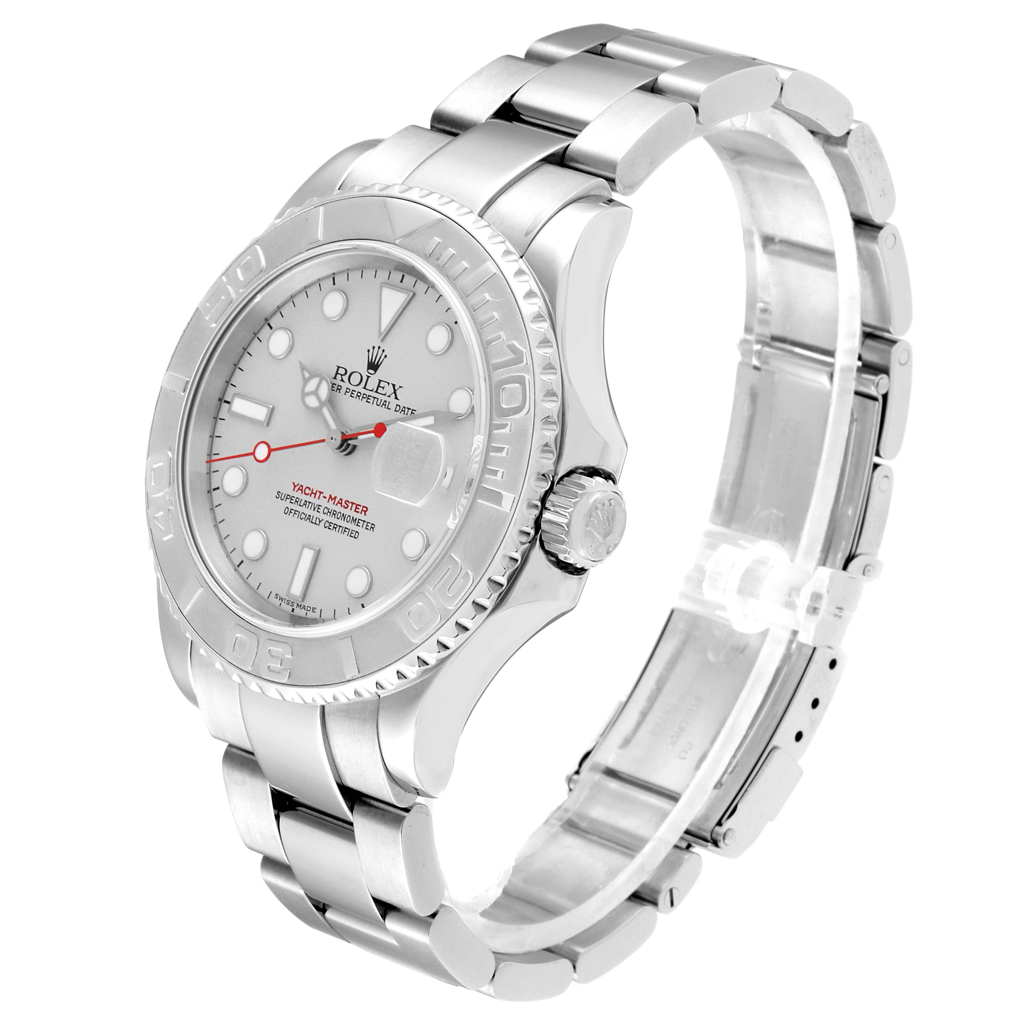 The Rolex Yacht-Master 16622 Men's Platinum Silver Dial 16622 Men's Platinum Silver Dial watch is shown at a three-quarter angle, displaying its face, bezel, crown, and bracelet.