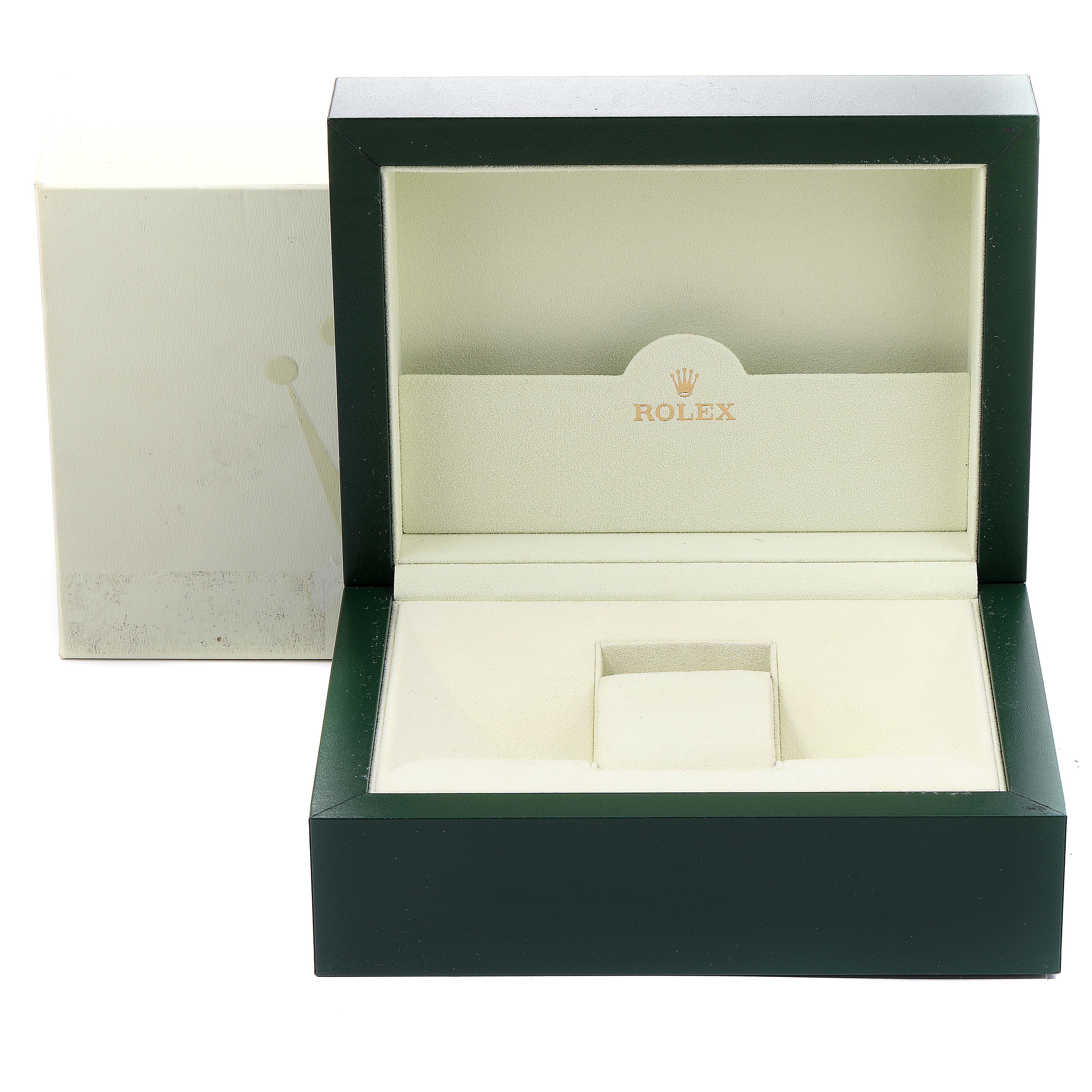 This image shows an open Rolex Yacht-Master 16622 Men's Platinum Silver Dial 16622 Men's Platinum Silver Dial watch box at a front angle.