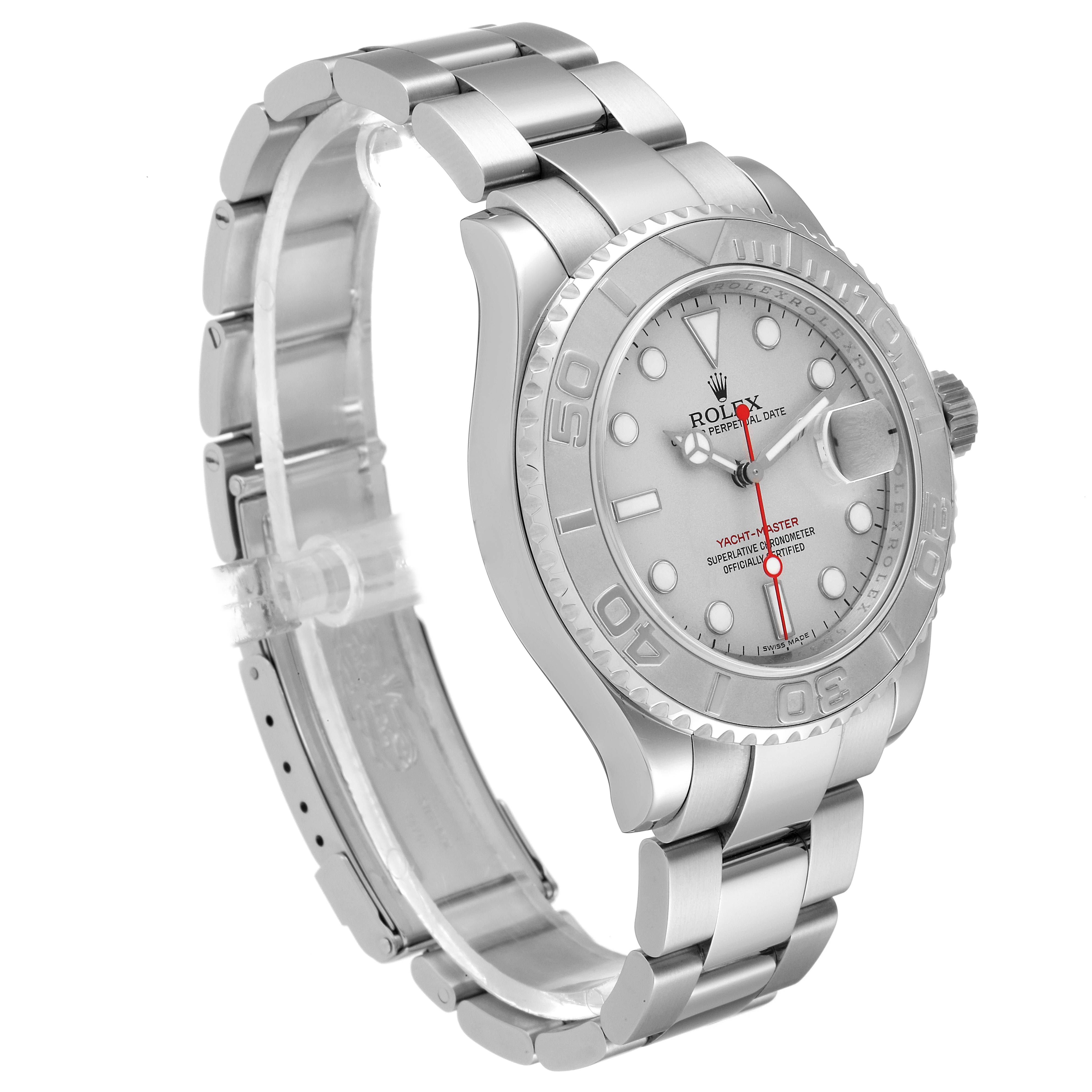 The Rolex Yacht-Master 16622 Men
s Stainless Steel Silver Dial 16622 Men
s Stainless Steel Silver Dial watch is shown at an oblique angle displaying the face, bezel, and bracelet.