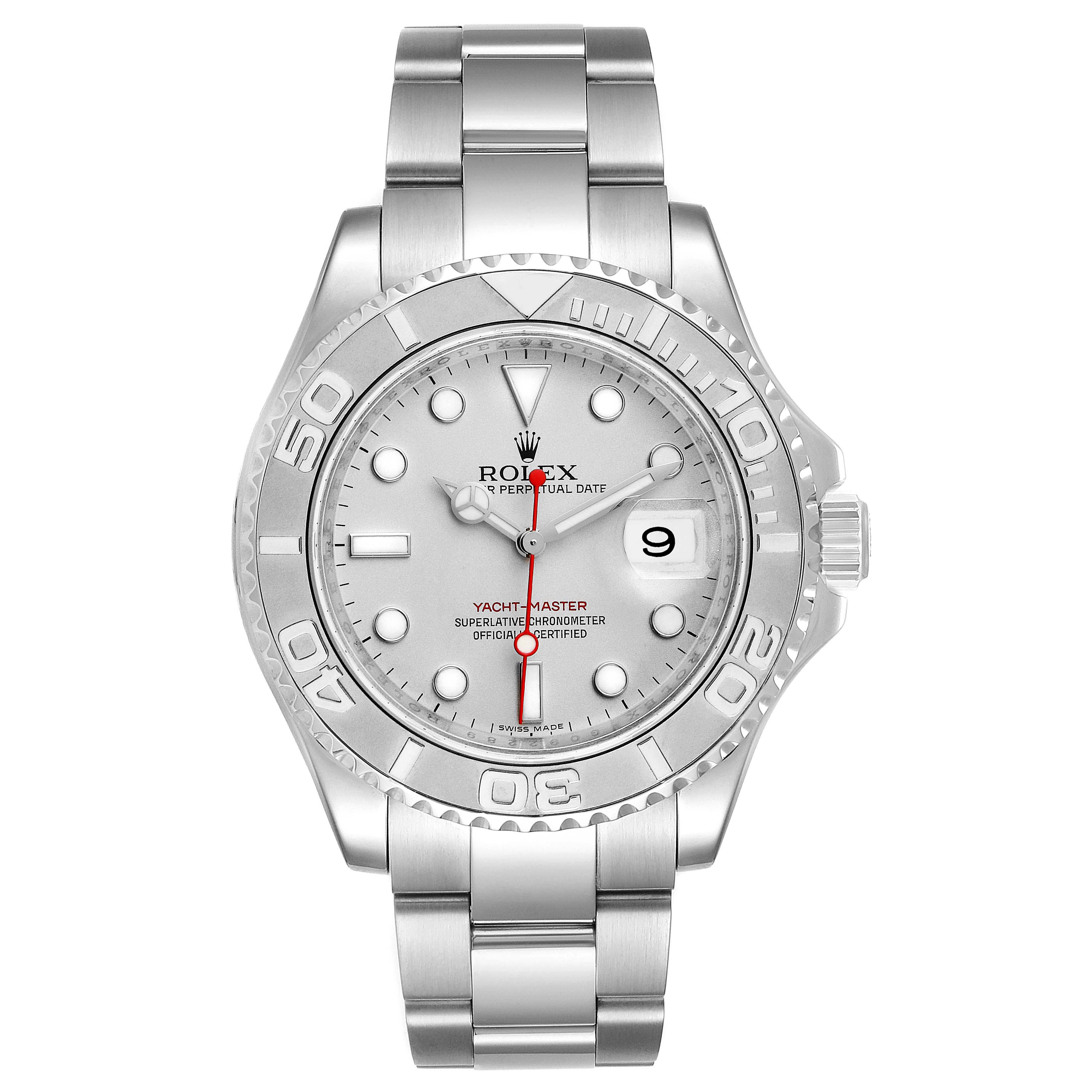 The image shows a front view of a Rolex Yacht-Master 16622 Men
s Stainless Steel Silver Dial 16622 Men
s Stainless Steel Silver Dial watch, featuring the dial, bezel, and bracelet.