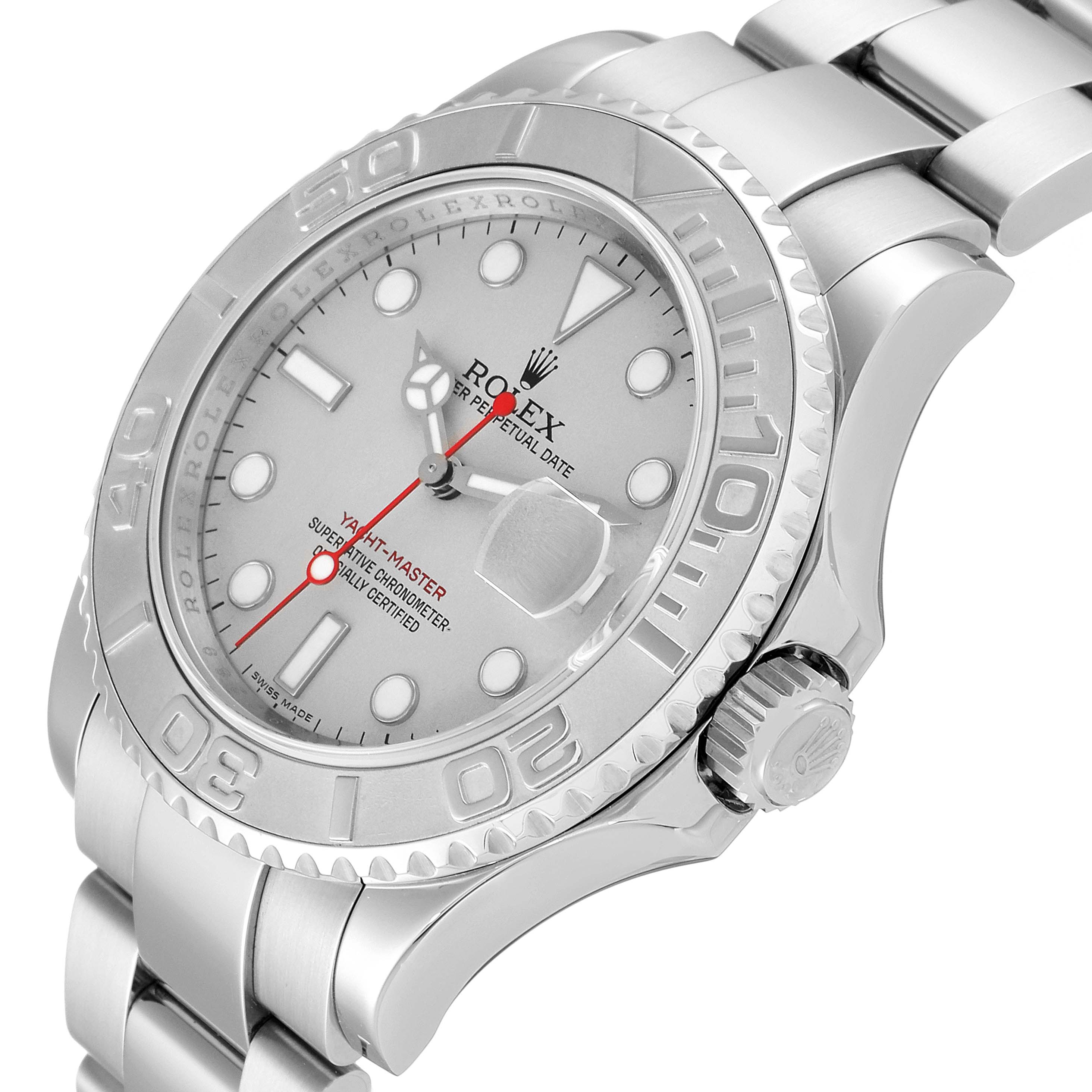The image shows a close-up, angled view of a Rolex Yacht-Master 16622 Men
s Stainless Steel Silver Dial 16622 Men
s Stainless Steel Silver Dial watch focusing on the dial, bezel, and side crown.