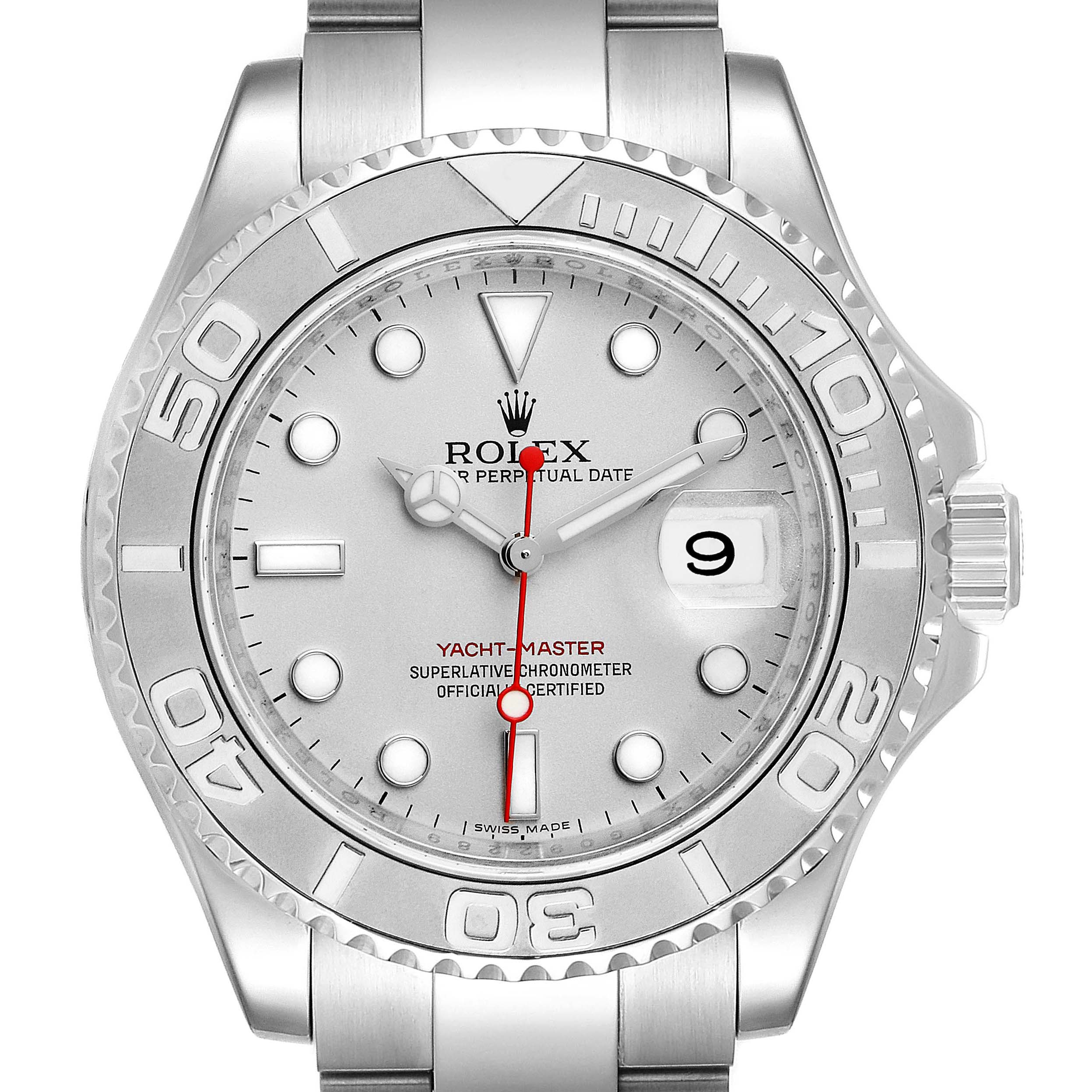 The image shows a frontal view of a Rolex Yacht-Master 16622 Men
s Stainless Steel Silver Dial 16622 Men
s Stainless Steel Silver Dial watch, highlighting the dial, bezel, crown, and part of the bracelet.