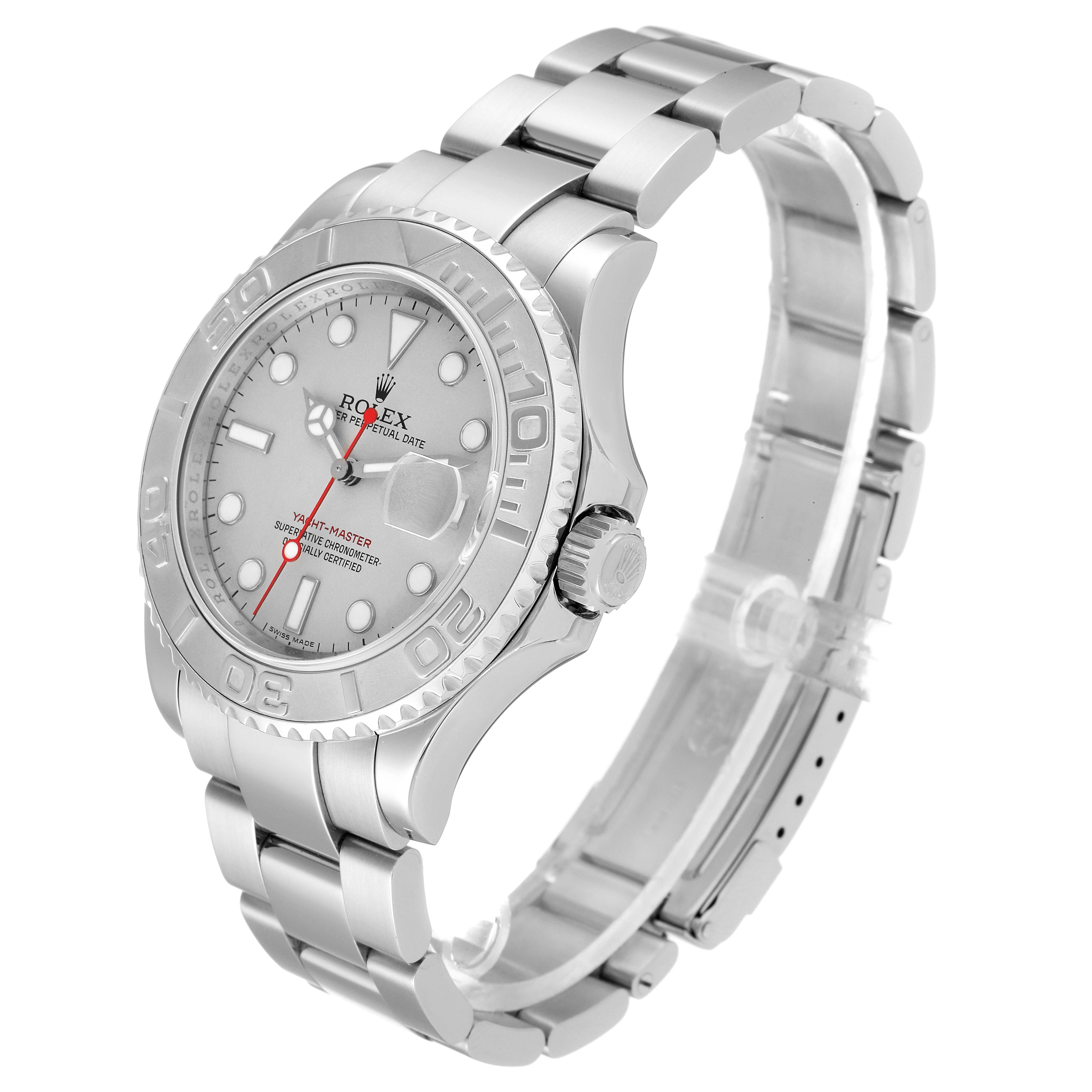 The image shows a Rolex Yacht-Master 16622 Men
s Stainless Steel Silver Dial 16622 Men
s Stainless Steel Silver Dial watch at a three-quarter angle, displaying the face, bezel, crown, and bracelet.