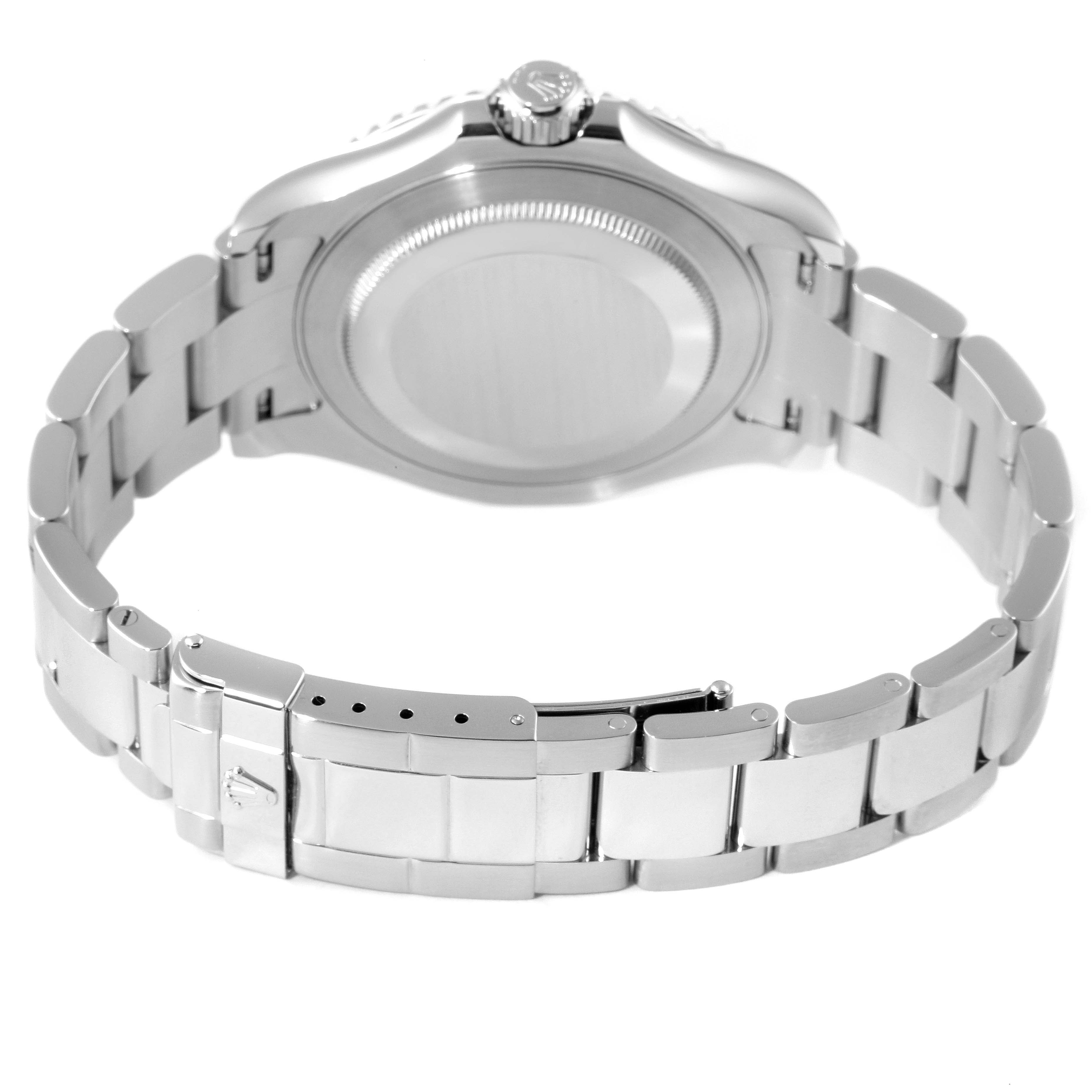The image shows a rear view of the Rolex Yacht-Master 16622 Men
s Stainless Steel Silver Dial 16622 Men
s Stainless Steel Silver Dial watch, highlighting the case back and bracelet clasp.