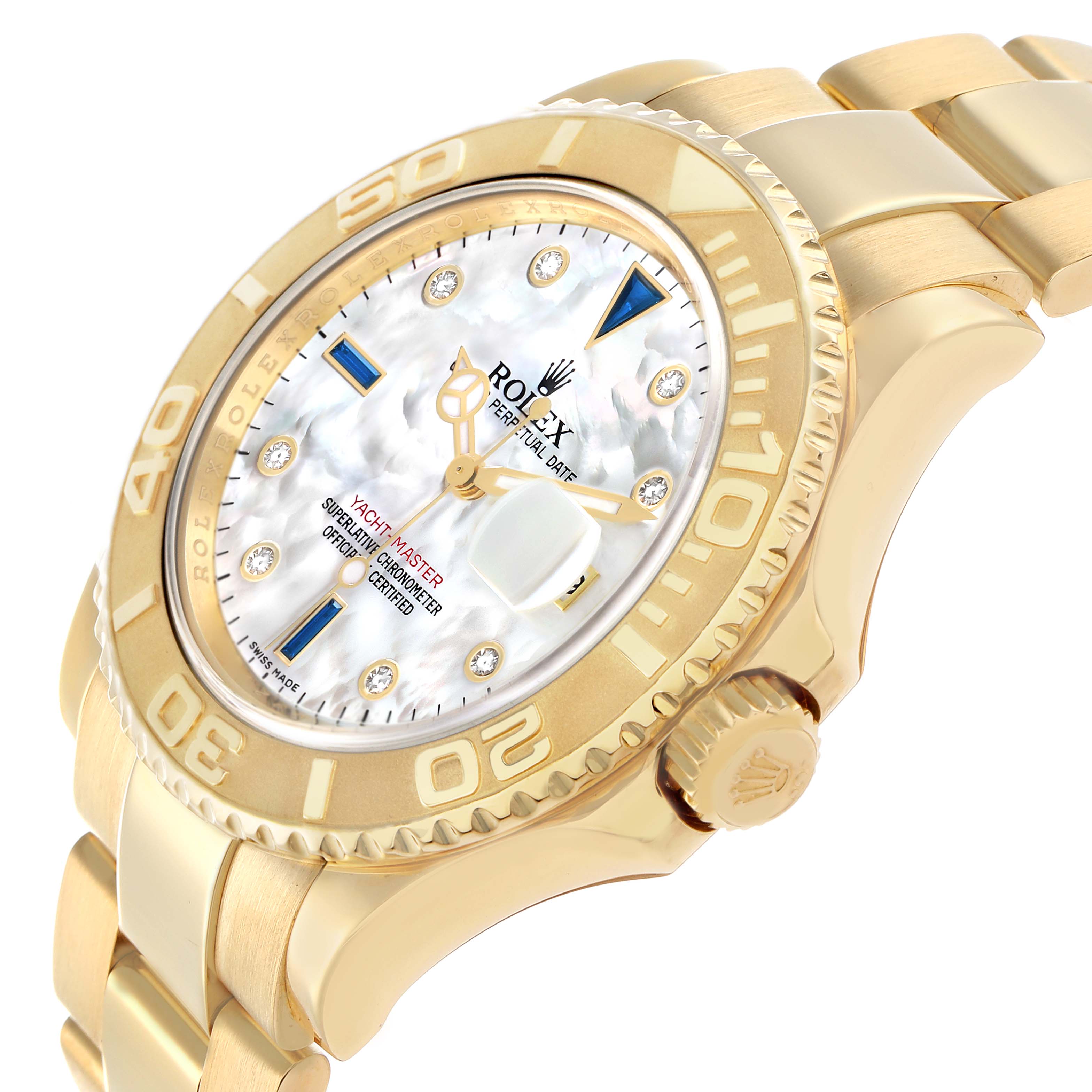 The Rolex Yacht-Master 16628B Men
s Yellow Gold Mother of Pearl Dial watch is shown at an angled side view, highlighting the gold bezel, dial, and part of the bracelet.
