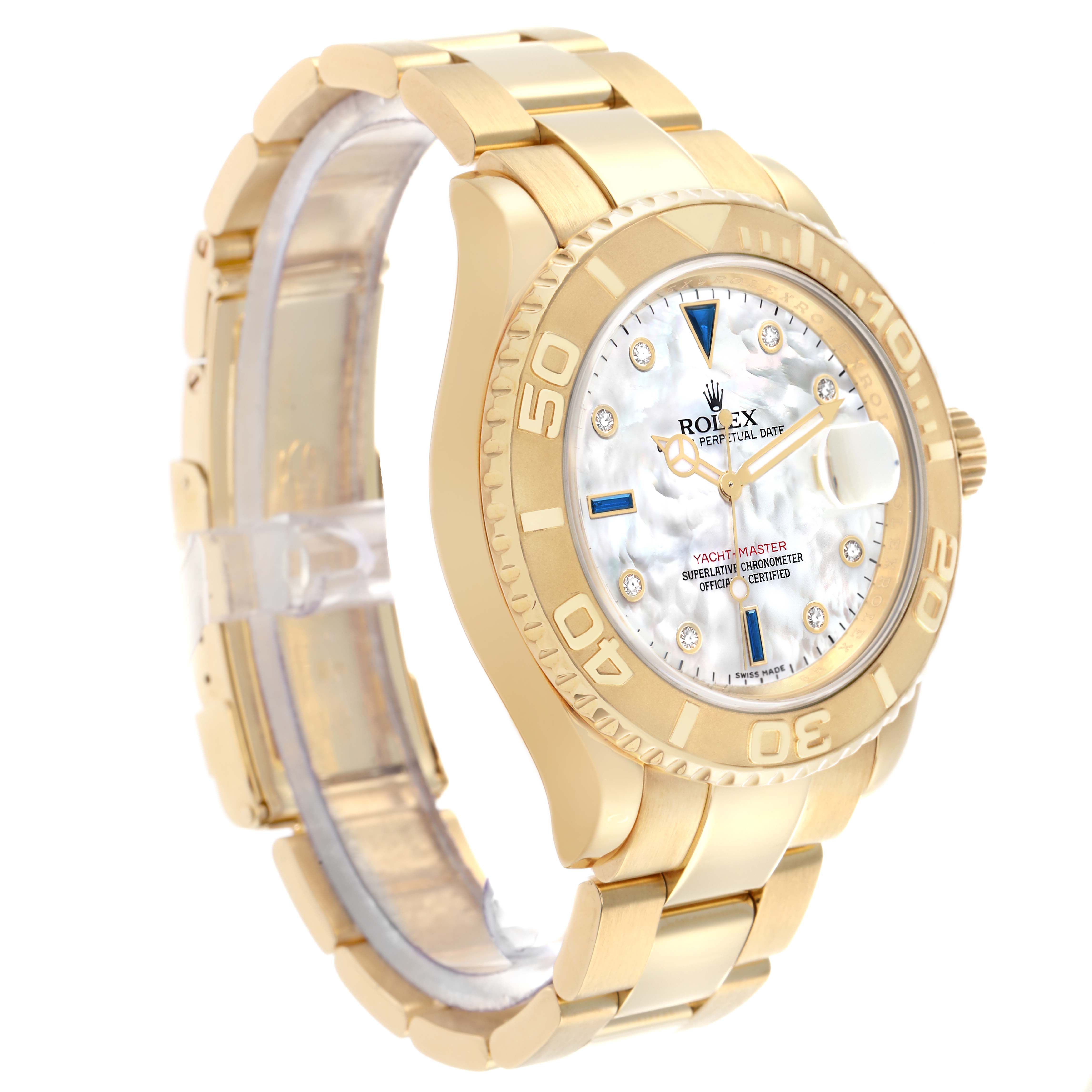 The Rolex Yacht-Master 16628B Men
s Yellow Gold Mother of Pearl Dial watch is shown at a three-quarter angle, highlighting the bezel, dial, and bracelet.