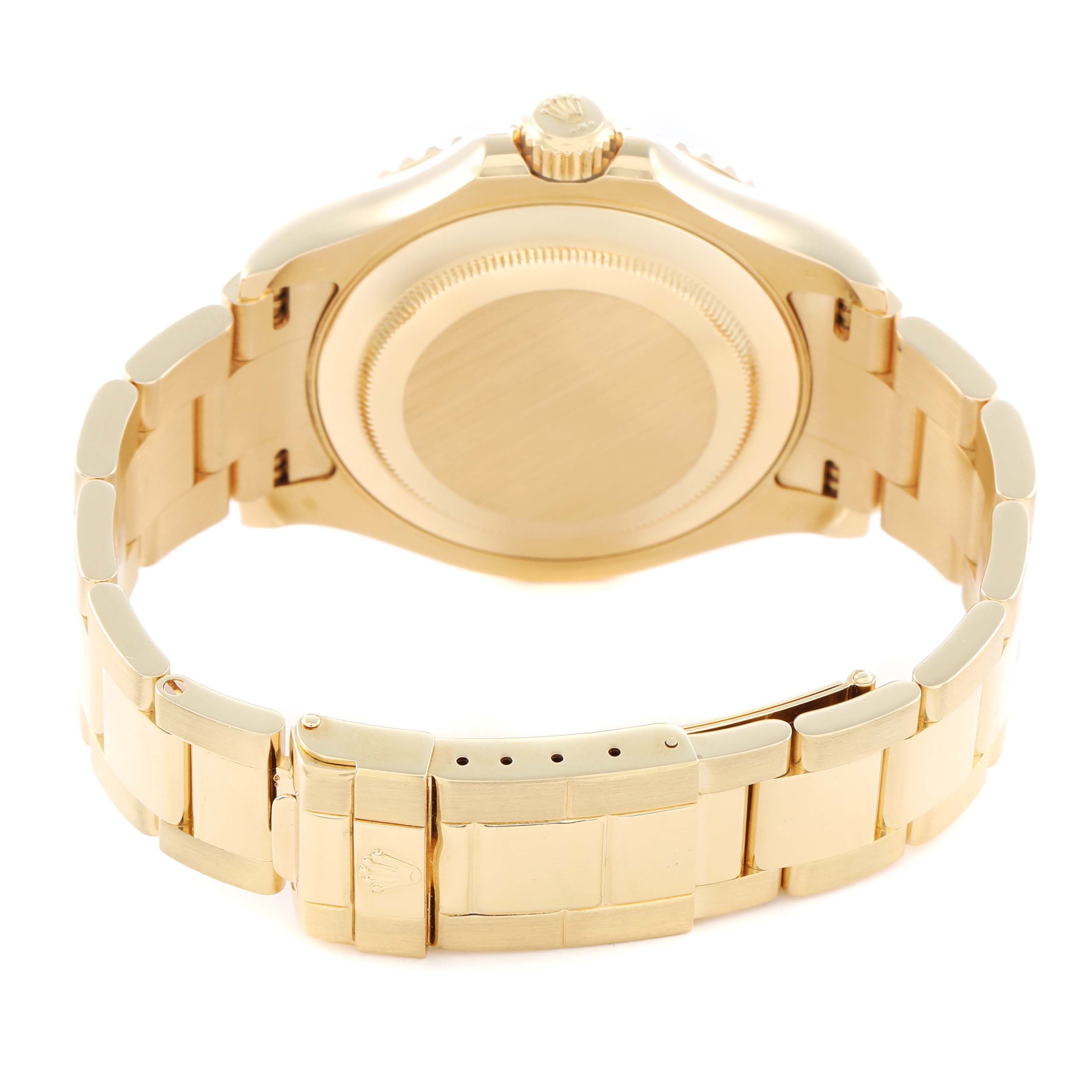 The image shows the Rolex Yacht-Master 16628B Men
s Yellow Gold Mother of Pearl Dial from the back, highlighting the clasp, bracelet, and case back.
