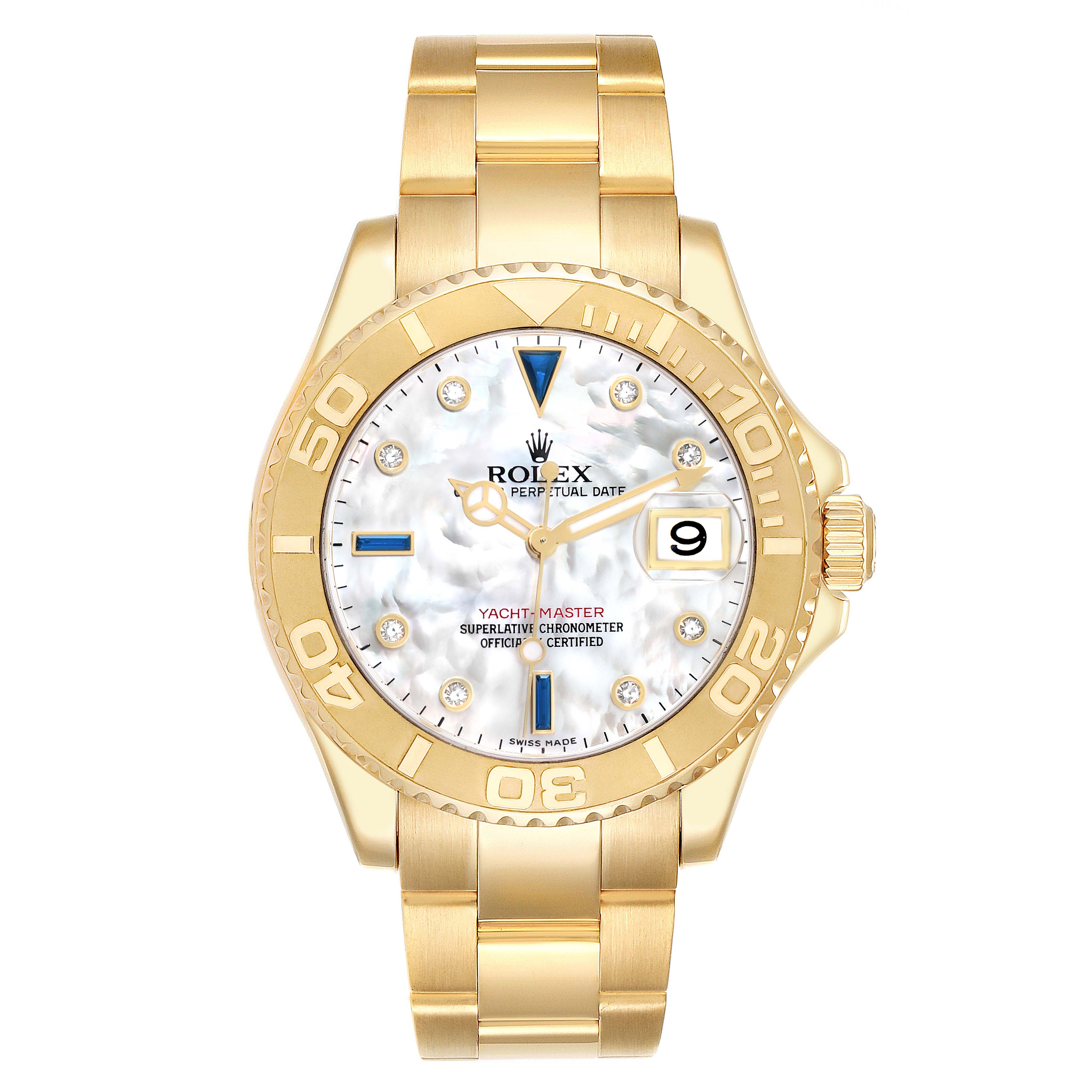The Rolex Yacht-Master 16628B Men
s Yellow Gold Mother of Pearl Dial watch is shown from the front, displaying the bezel, dial, hands, date window, and bracelet.