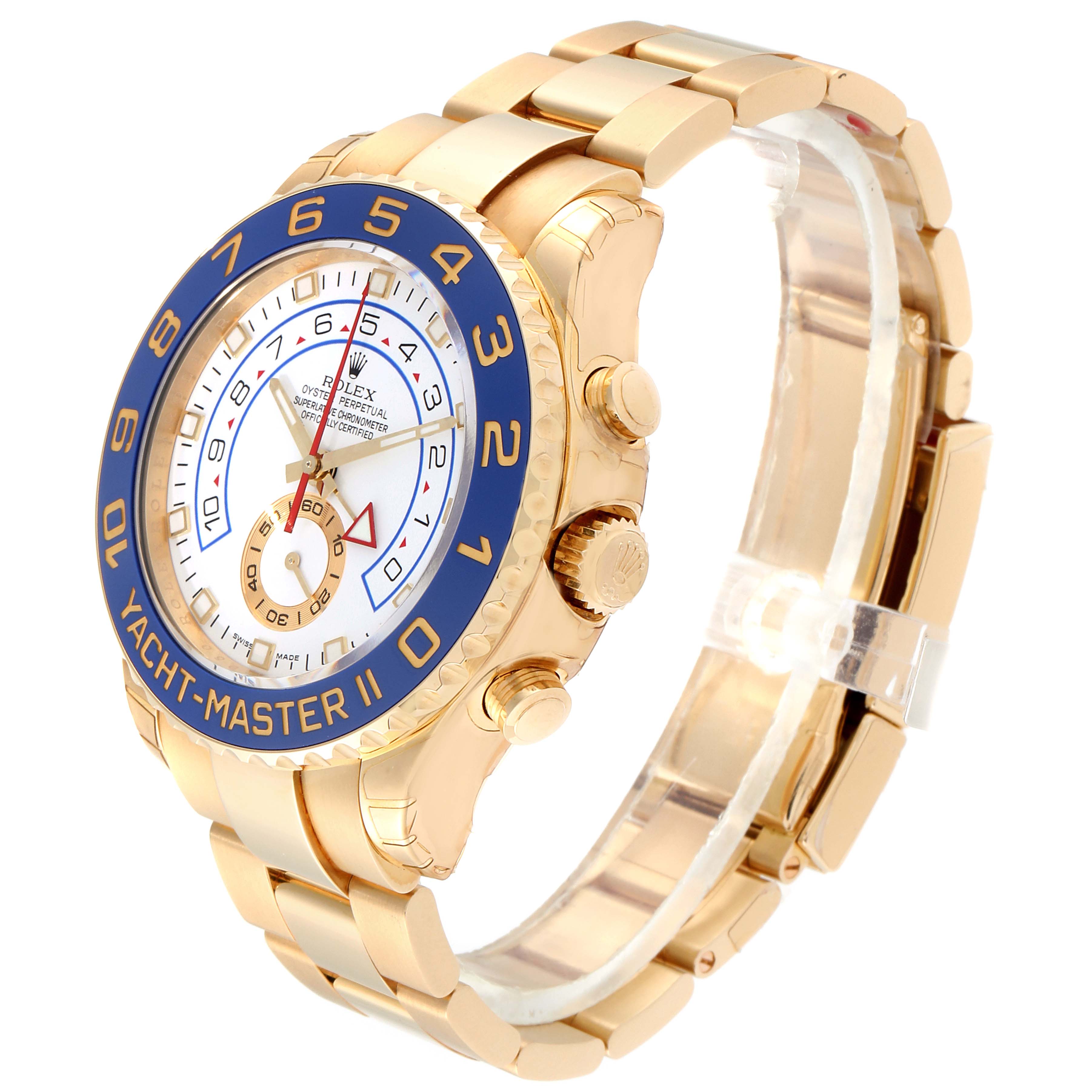 The Rolex Yacht-Master 116689 Men's Yellow Gold White Dial 116689 Men's Yellow Gold White Dial model watch is shown at a three-quarter angle, highlighting its face, bezel, crown, and bracelet.