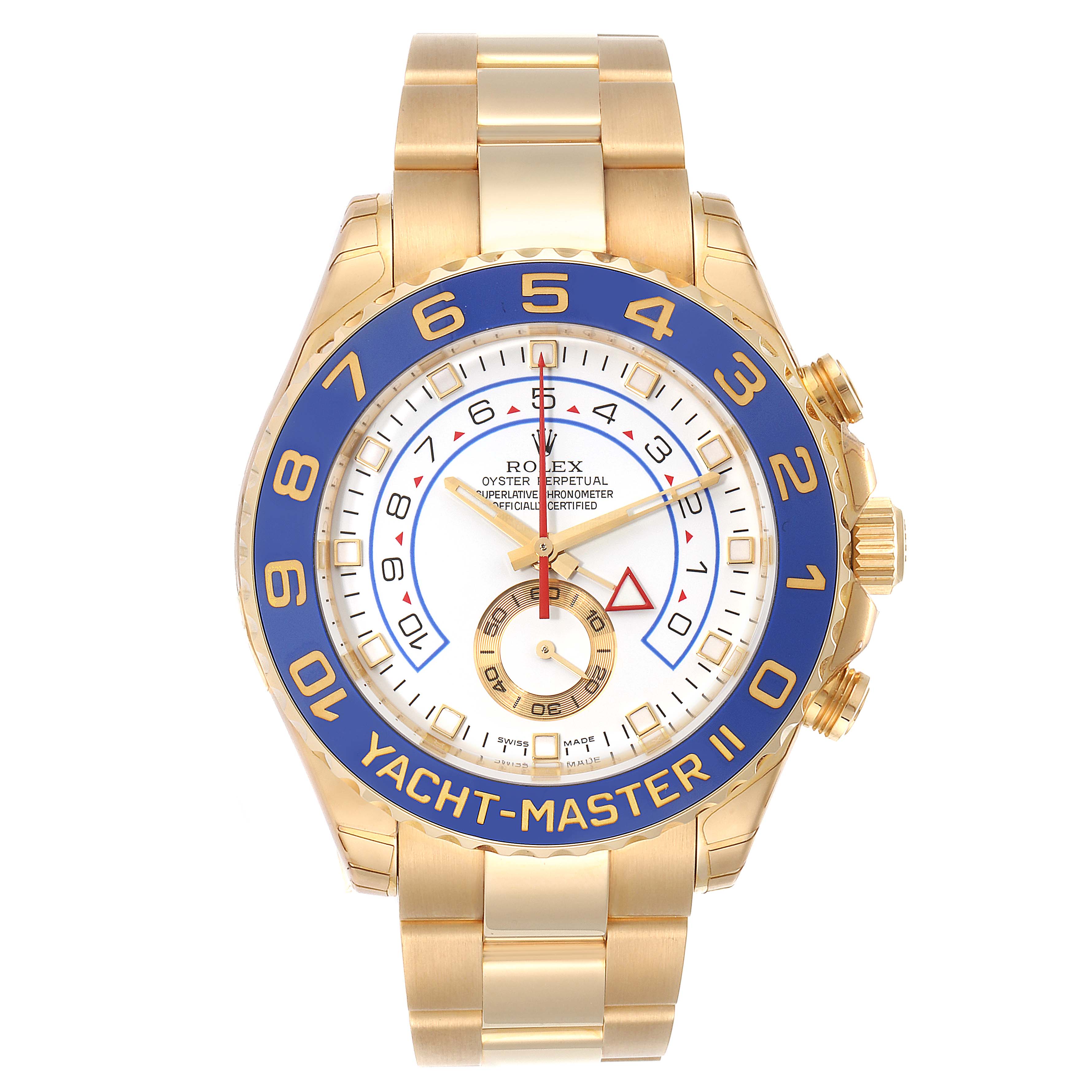 The Rolex Yacht-Master 116689 Men's Yellow Gold White Dial 116689 Men's Yellow Gold White Dial watch is shown from the front, displaying the dial, bezel, and bracelet.