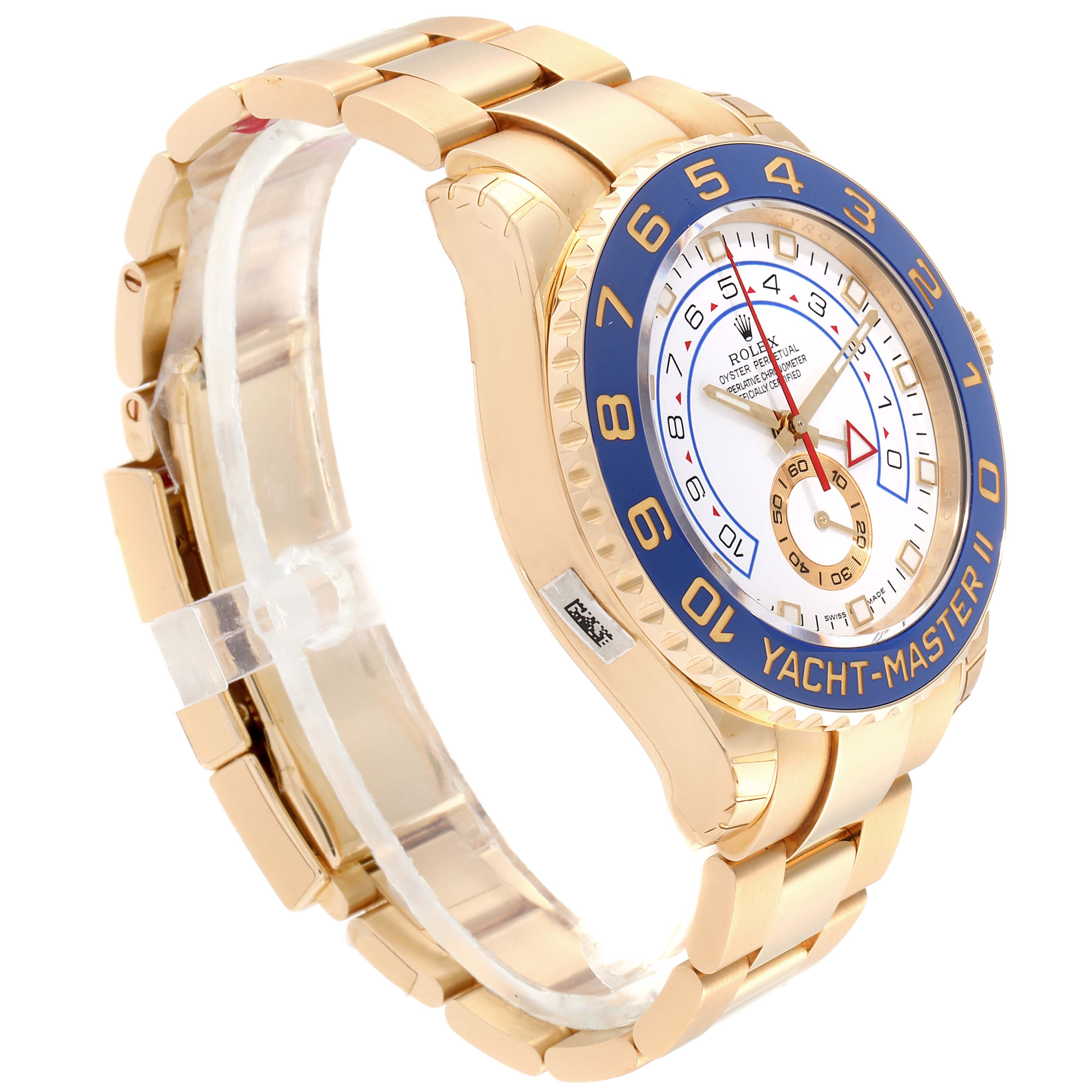 The image shows a Rolex Yacht-Master 116689 Men's Yellow Gold White Dial 116689 Men's Yellow Gold White Dial II watch at a three-quarter angle, highlighting its gold bracelet and blue bezel.
