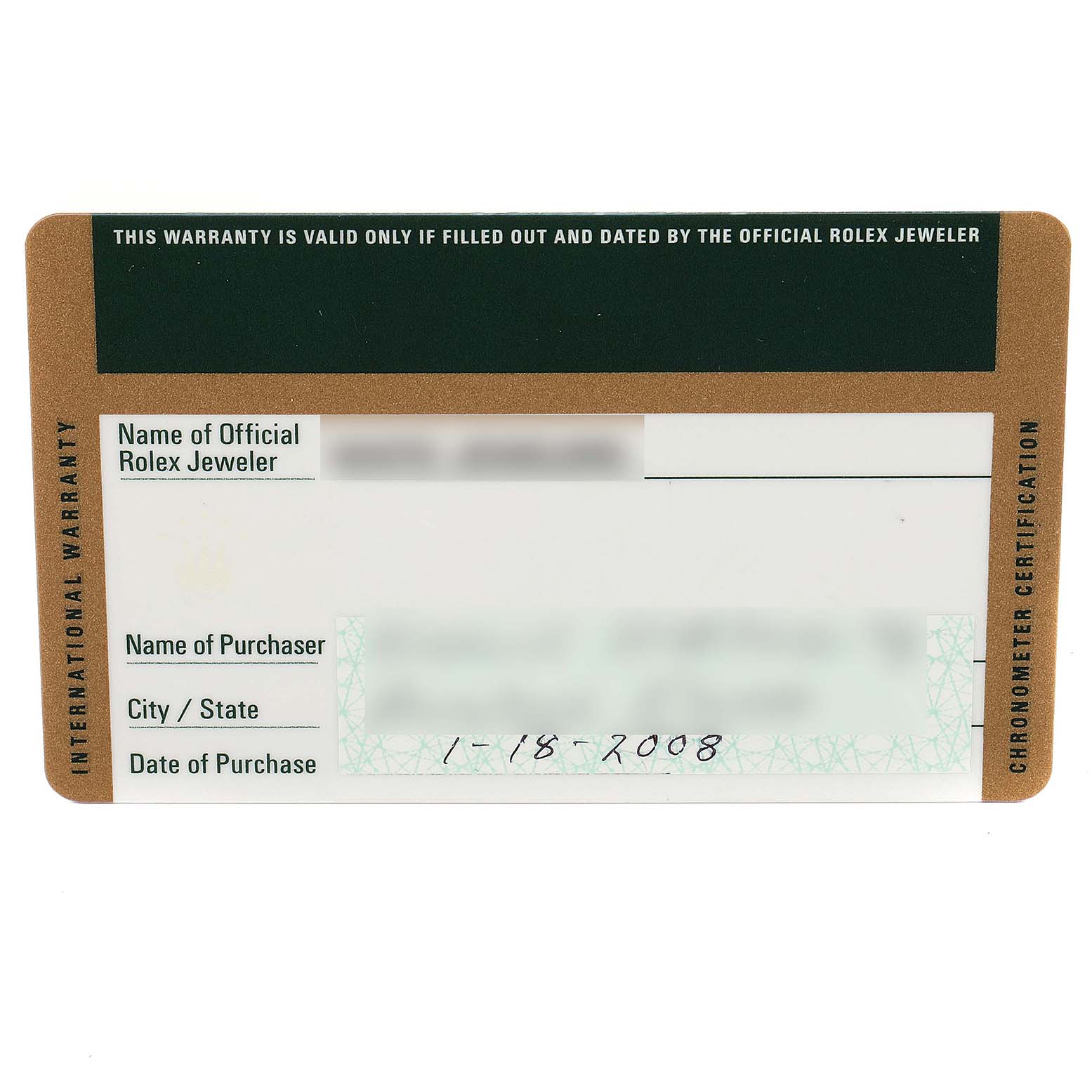 This image shows an official Rolex warranty card for the Yacht-Master model, with purchase details filled in.